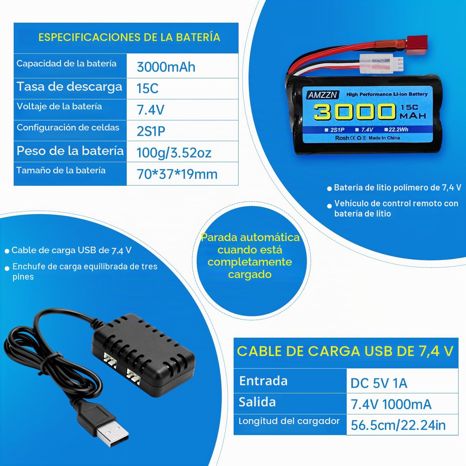 2 baterías de 7,4 V 3000 mAh 15 C 2S en forma de T de iones de litio con cargador 2 en 1 para WLtoys 12423 MJX 14301 14303 14302 H16PL RC coche, camión RC a escala 1/10, 1/12, 1/16