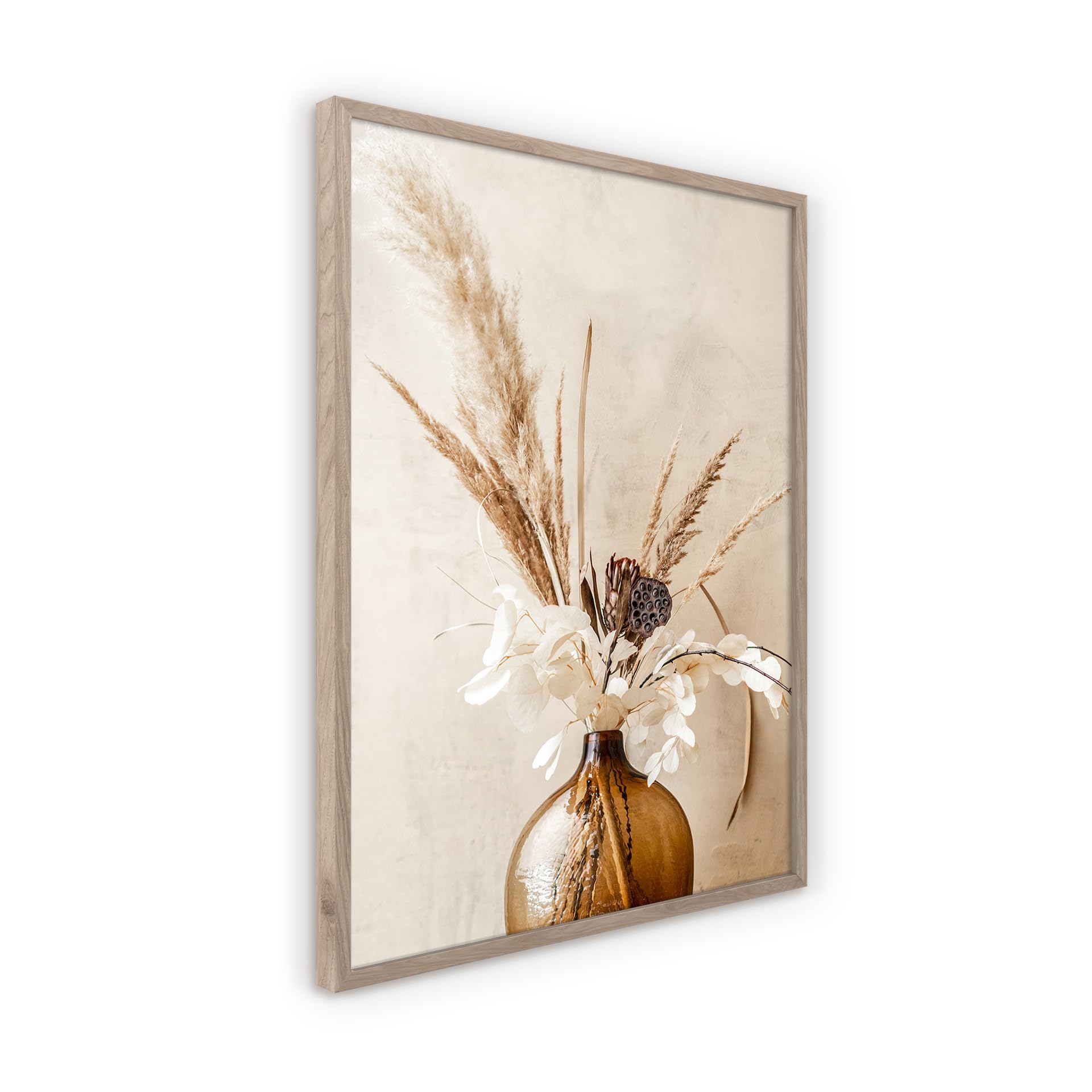STYLER Tableau Boho Vase 50 x 70 cm avec Cadre en Bois – Herbe de la Pampa & Fleurs Séchées – Tableau Boho Japandi Naturel Beige