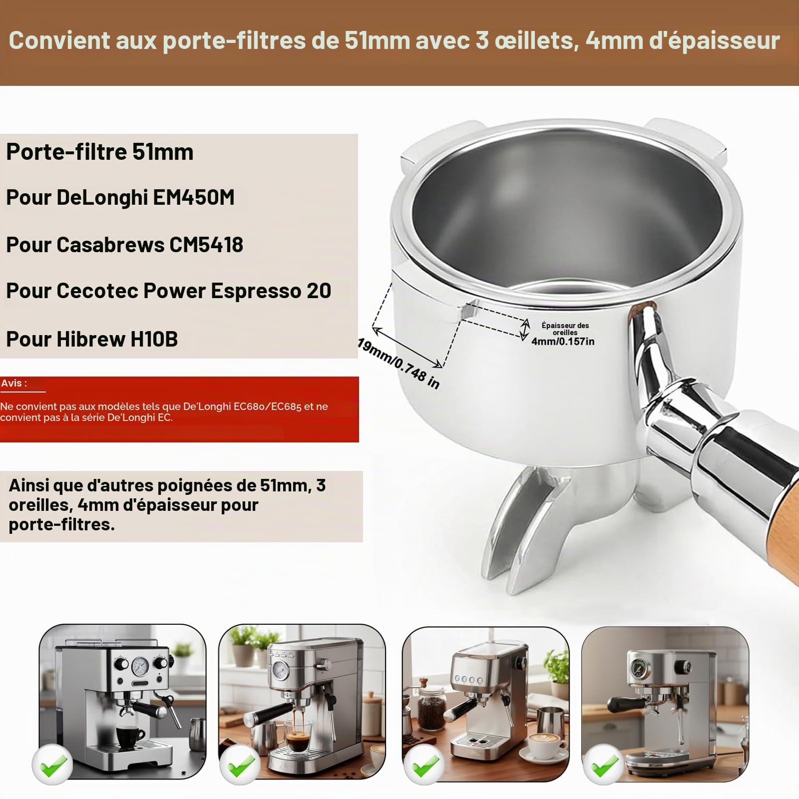 Porte-filtre de 51 mm pour machine à café DeLonghi EM450M, 3 ergots, porte-filtre en acier inoxydable de 4 mm d'épaisseur avec poignée en bois de pour Casabrews CM5418/Cecotec Power Espresso 20