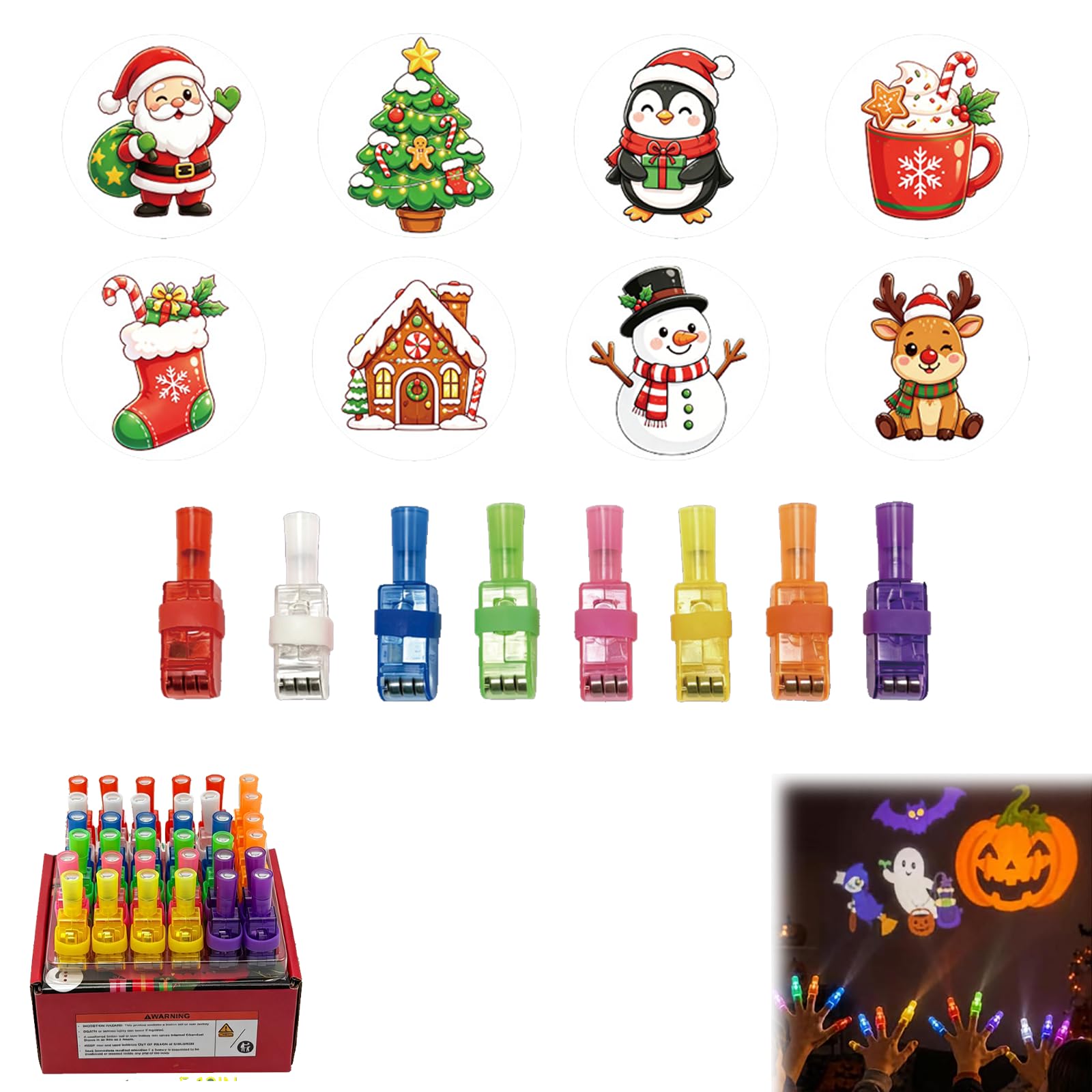 36 Pcs LED Finger Lights Toys – Glow in Dark Light Up Projector Fingers in Multiple Designs, Halloween & Christmas Party Bag Fillers, Goodie Bag Prizes, Classroom Rewards，Christmas,E