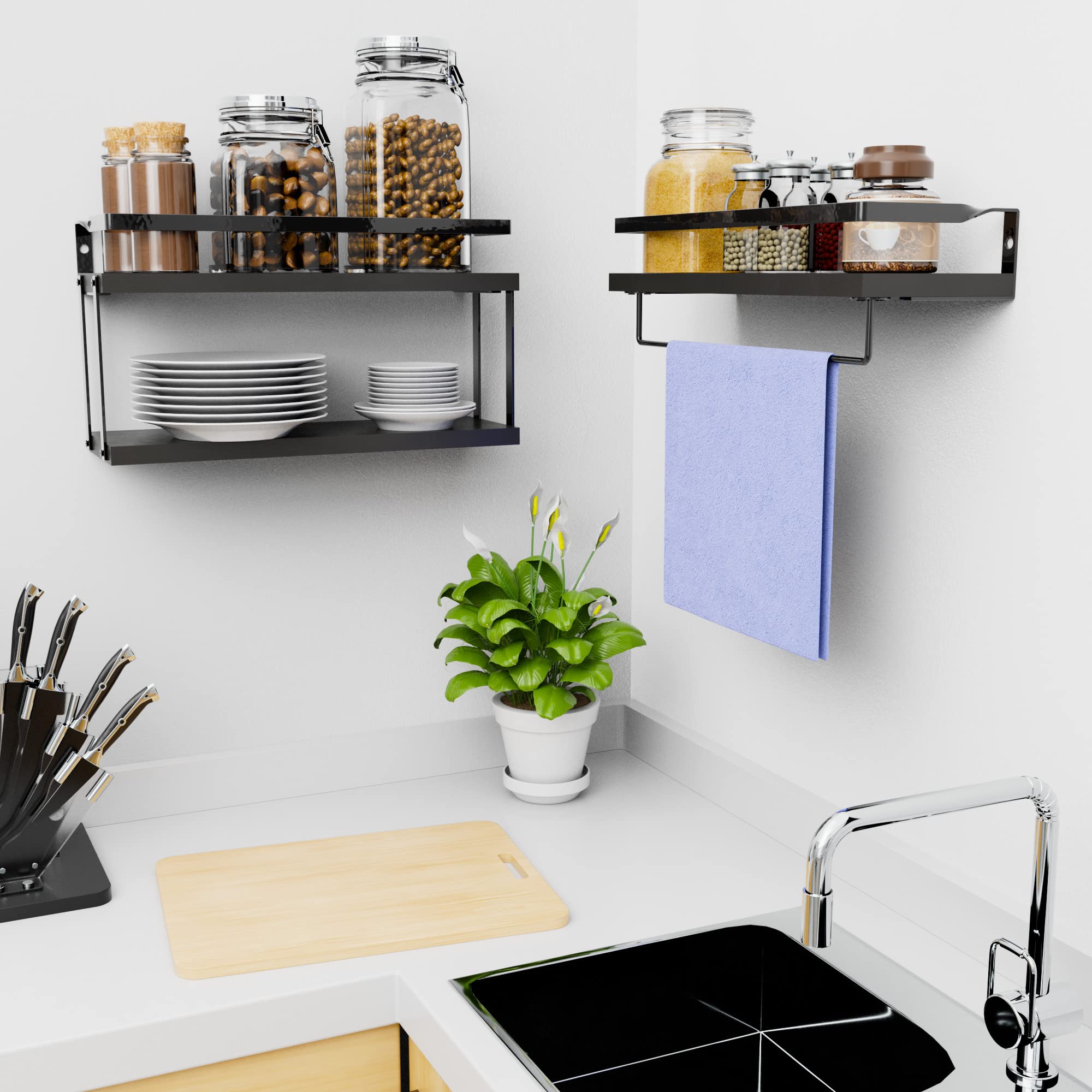 RichFire Floating Shelves 2+1, Wall Shelves for Bathroom, Kitchen, Bedroom& Living Room, Black Shelves for Wall DÃ©cor,Bathroom Shelves with Towel Bar