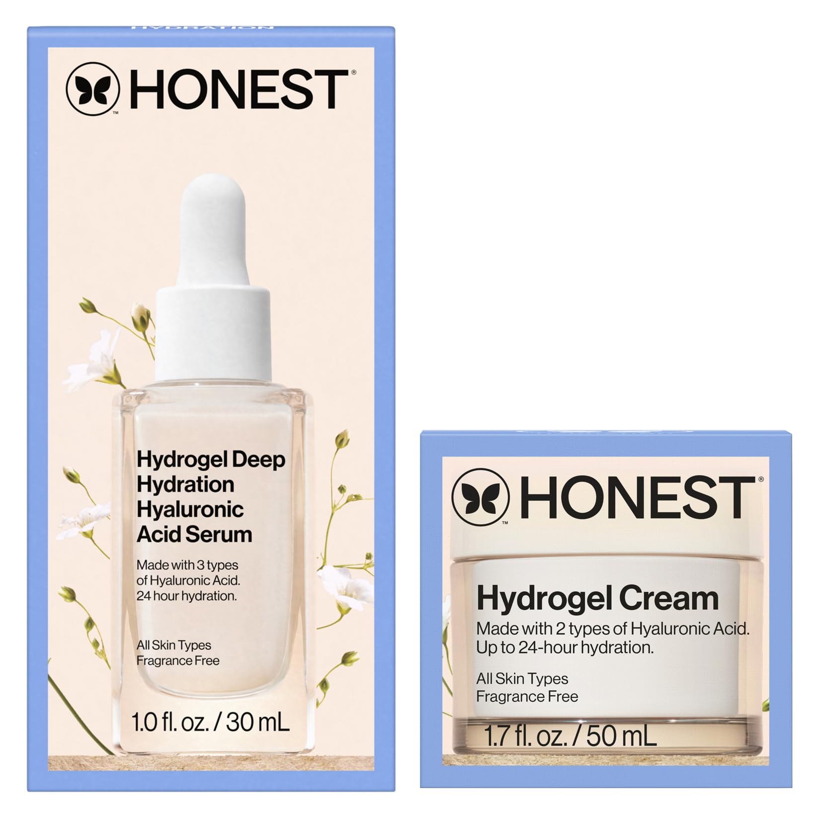 Honest BeautyHydrogel Bundle | Moisturizing Hydrogel Cream + Deep Hydration Hyaluronic Acid Serum | Gentle for Sensitive Skin, Fragrance Free, Vegan | 1.7 fl oz, 1 fl oz