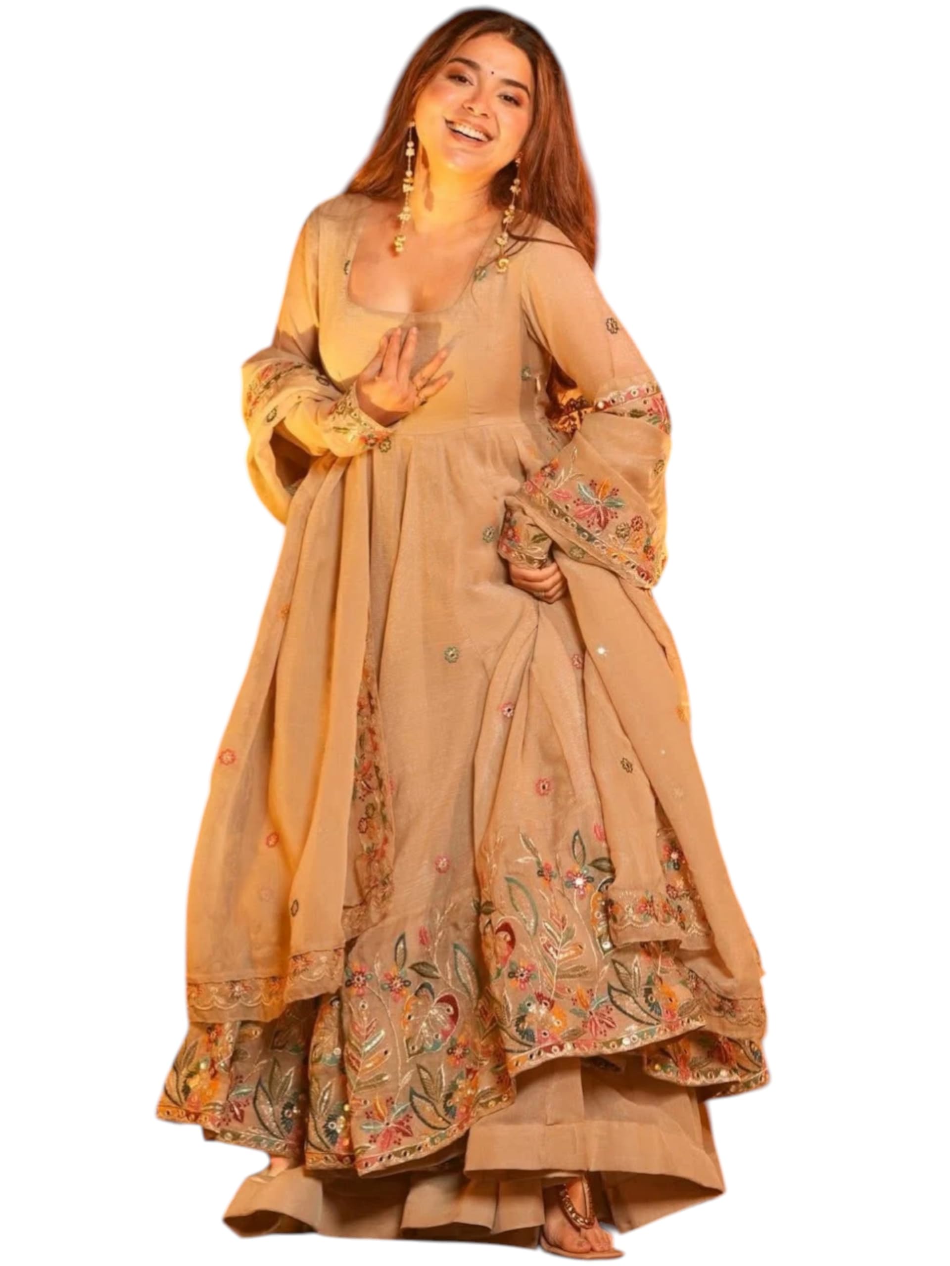 dresser Women's Cruncy Silk Round Neck Anarkali Kurta Set With Dupatta (DR-2-DR1014, Beige)-picture-44