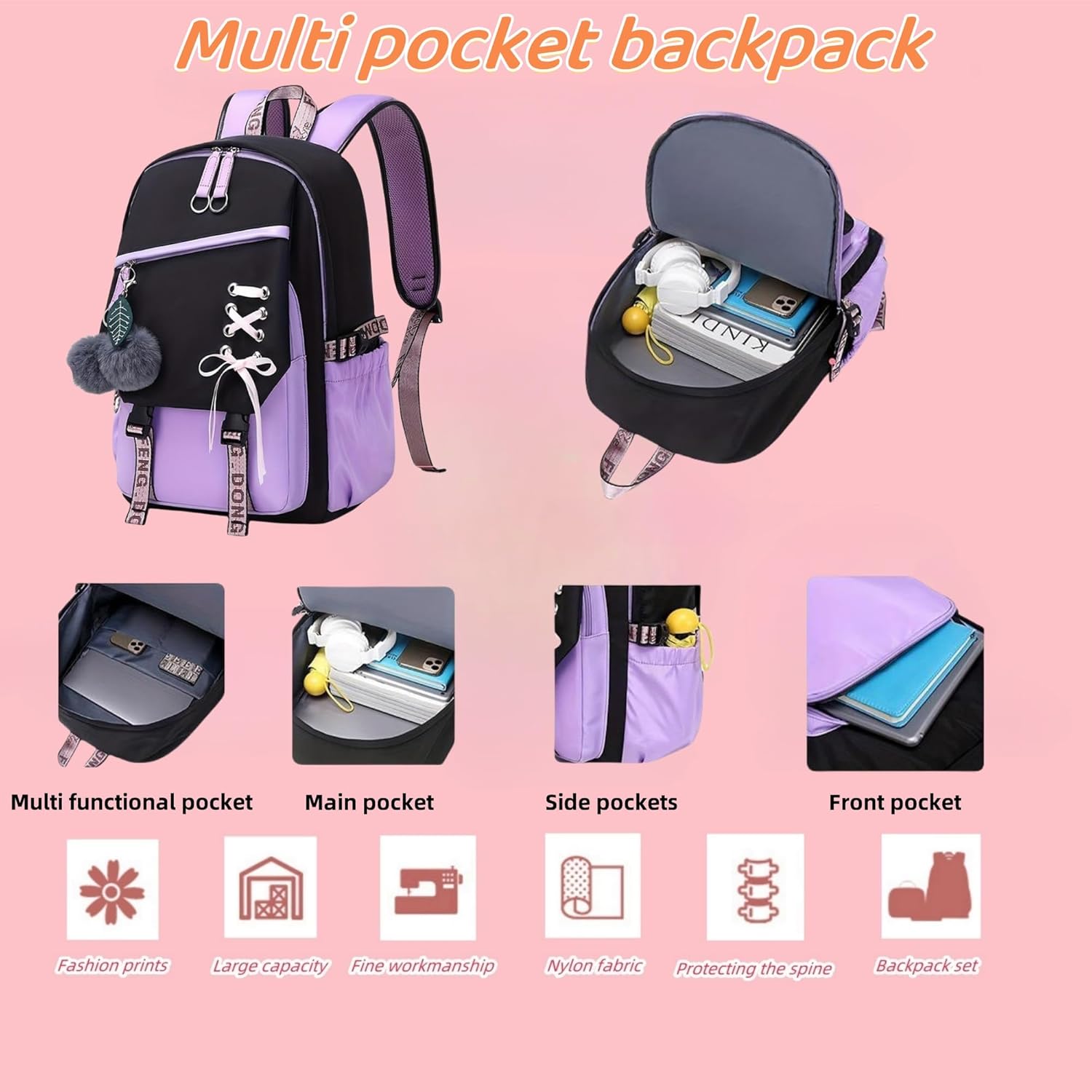School Backpack for Girls Color-block School Bag with Lunch Box Pencil Case Set 3PCS Girls Backpack for School Kids Bookbag - Image 3