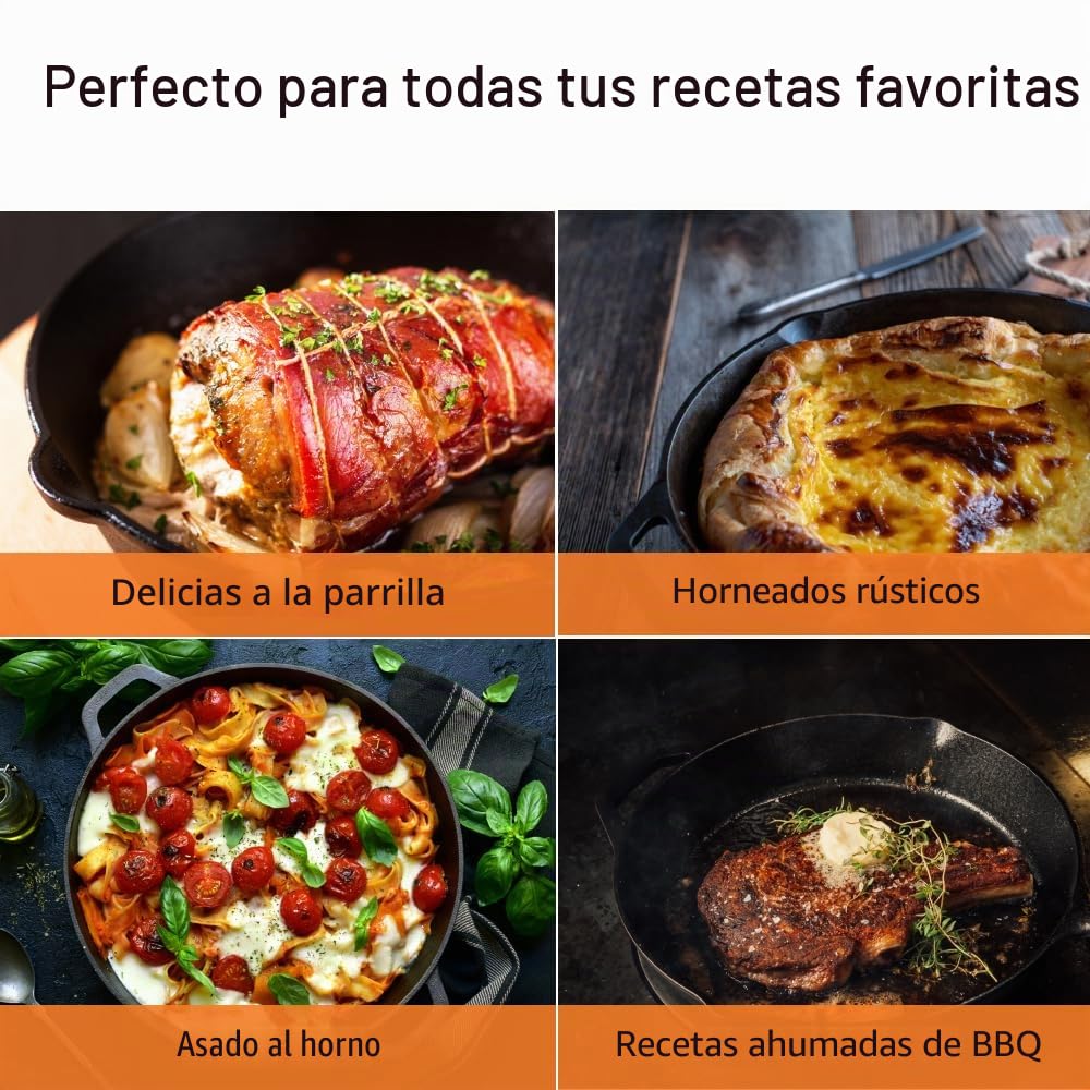 TEXAS CLUB - Sartén grande de hierro fundido, 30 cm - Sartén con mango de metal para parrilla y barbacoa