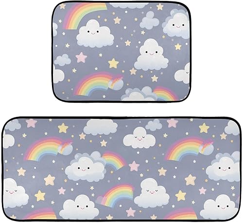 Cloud Rainbow Star - Juego de 2 tapetes de cocina antideslizantes para piso, alfombra impermeable para fregadero para el hogar, oficina, lavandería