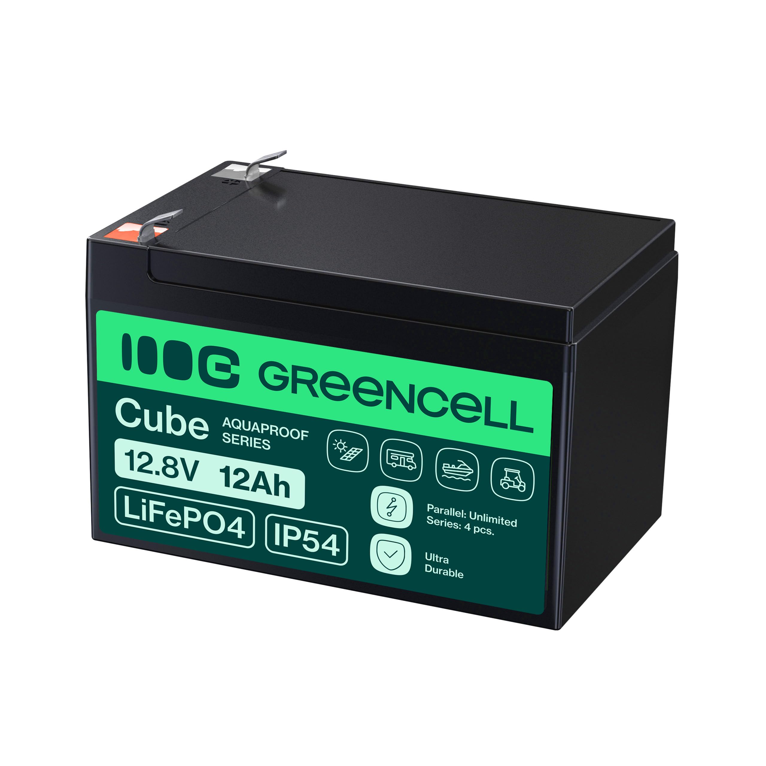 Green Cell Cube LiFePO4 Batteria 12Ah 12.8V - Batteria al litio di ferro fosfato per camper, barche, impianti solari, sistemi off-grid, con BMS, leggera e sicura