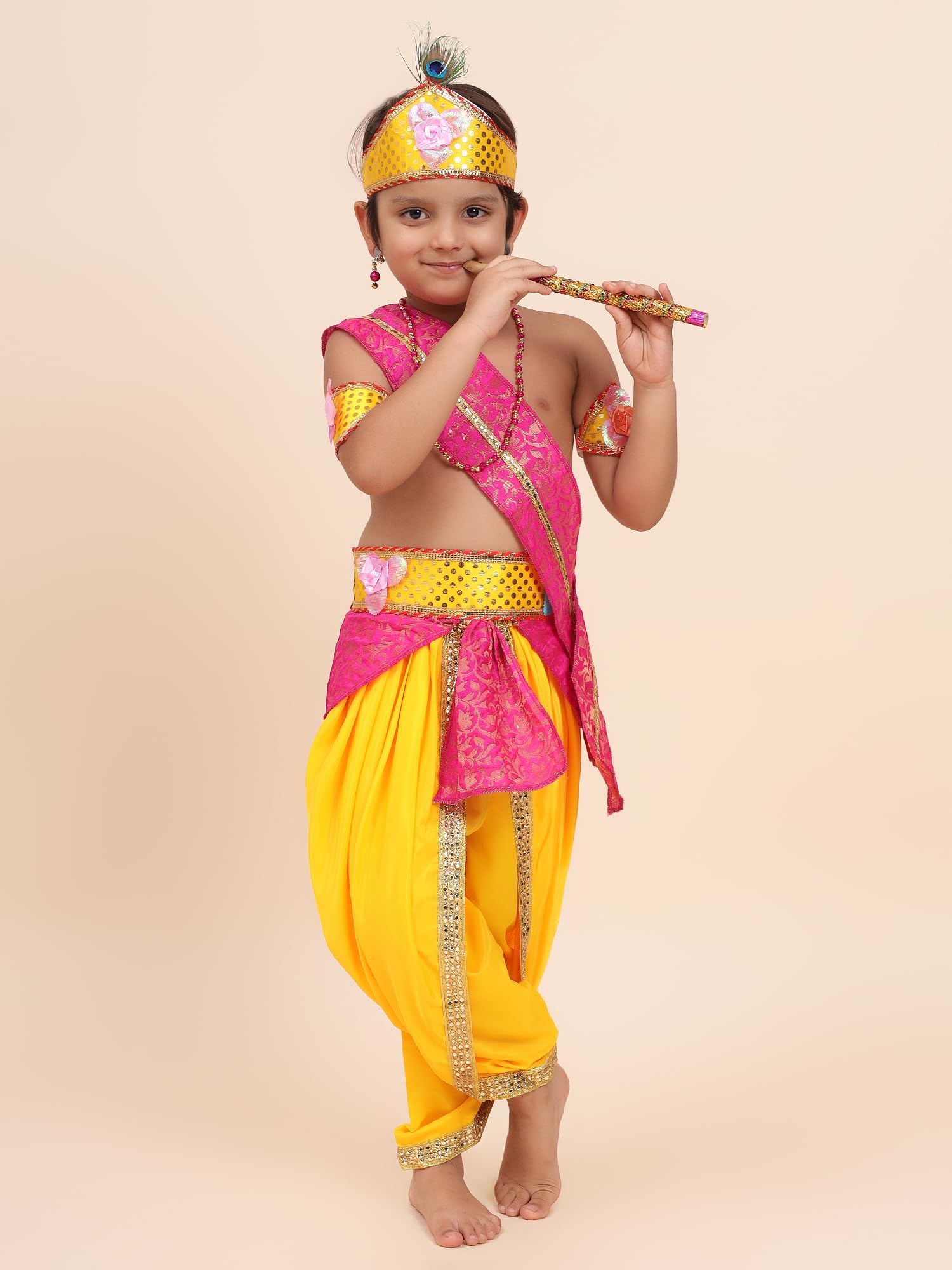 CREATIWONE Makhan Chor Krishna Dress For kids | Kanha Janmashtmi Costume With Mukut, Bansuri, Dhoti, Patka, Kamarband, Bajuband, Motimala Set of 7 (Yellow and Pink) 4-5 Years (B0DDGVHD3P) Amazon Price History, Amazon Price Tracker