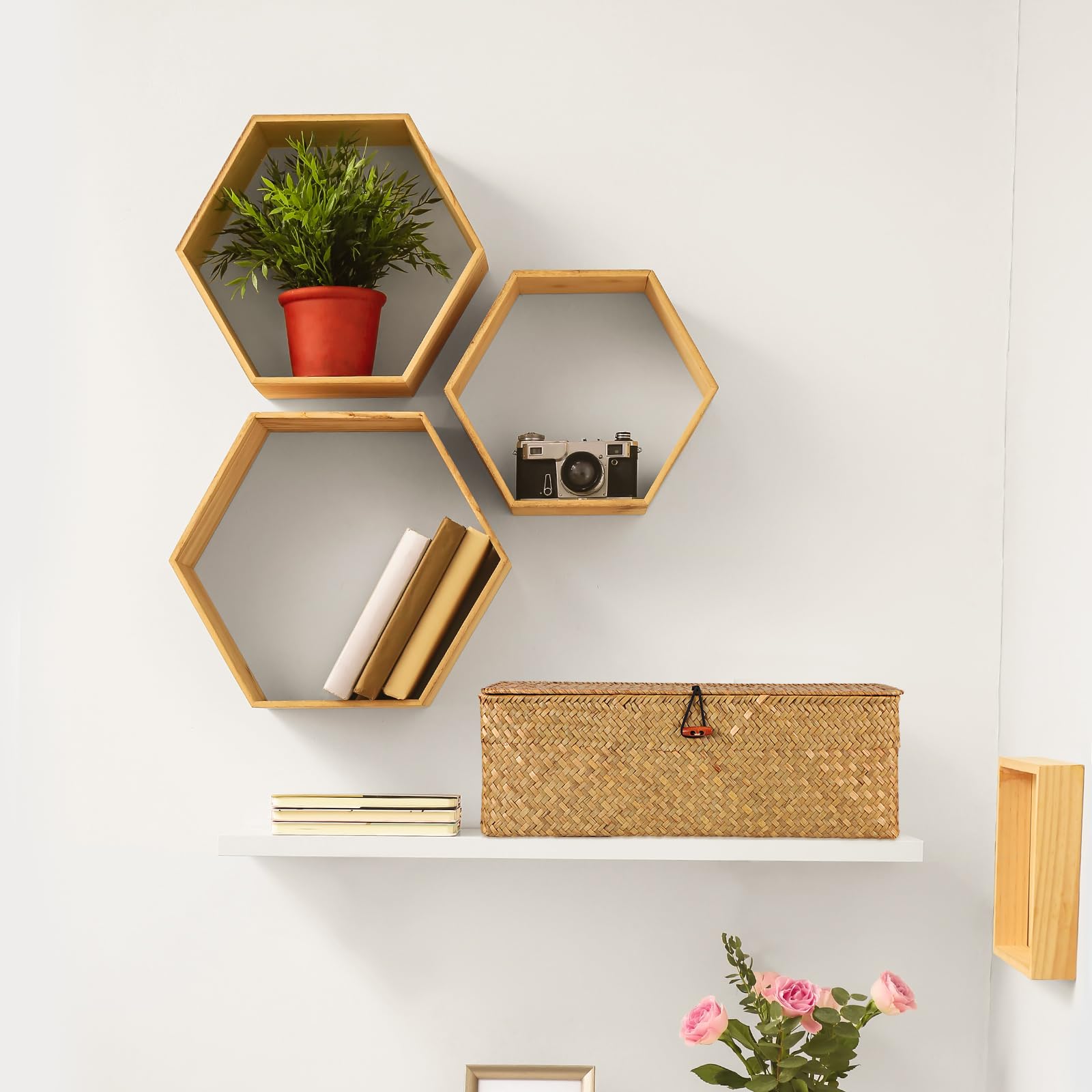 Moosky Canastas de mimbre con tapa, cesta de hierba marina para almacenamiento, cestas tejidas rectangulares, cajas de 3 secciones, organizador de decoración del hogar (natural, grande)