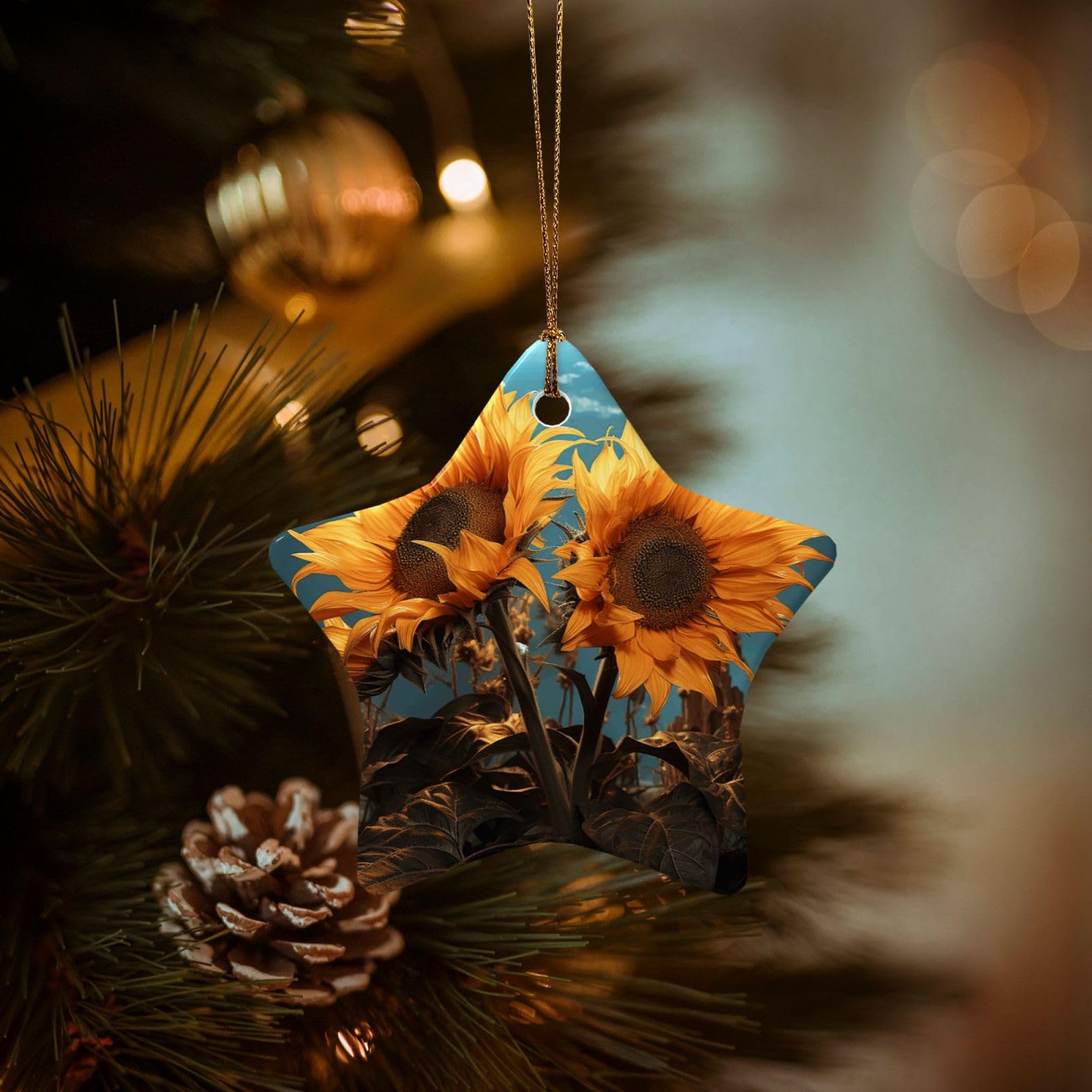 Christmas Tree Ornaments Ceramics Christmas Decorations Fantasy Sunflower Ornaments with Gold Ribbon Porcelain Xmas Tree Crafts Star Shape Hanging Pendant for Christmas Tree Party Decor