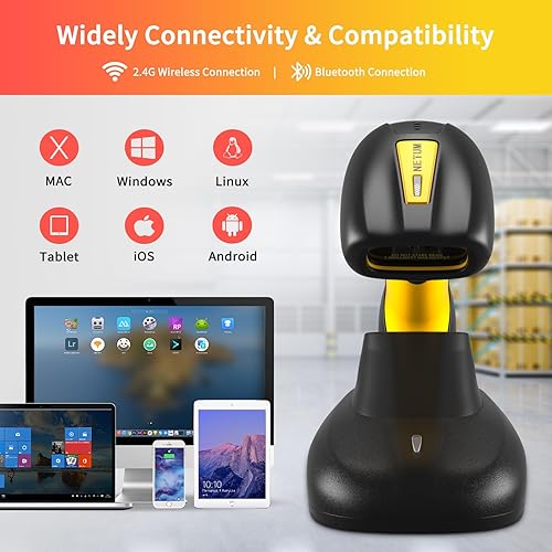 Vista 2 de NETUM Escáner de código de barras Bluetooth industrial QR, actualizado con base de carga, lector de código de barras inalámbrico 2D 1D 2600mAh