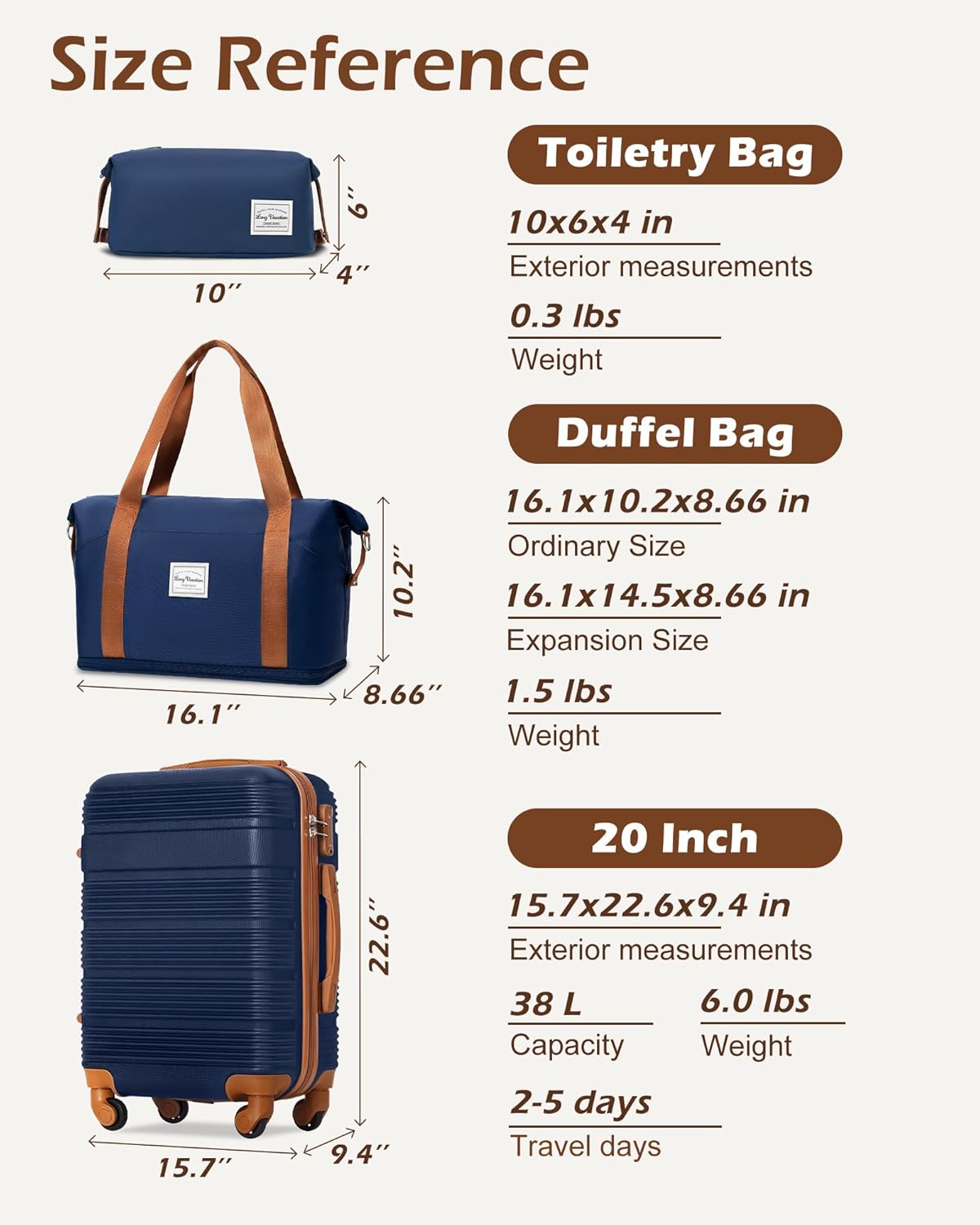 LONG VACATION 3 Piece Carry On Luggage 20 Inch Carryon Suitcase with Spinner Wheels, ABS+PC Hardshell Suitcase set with TSA Lock & YKK Zipper - Image 8