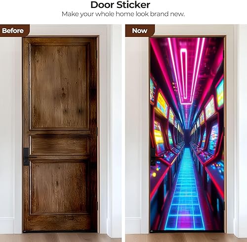 Miniatura 2 de Calcomanías para puerta, murales 3D, neón, retro, arcade, 80, máquinas de arcade, luces de neón, diseño retro, murales, papel tapiz autoadhesivo