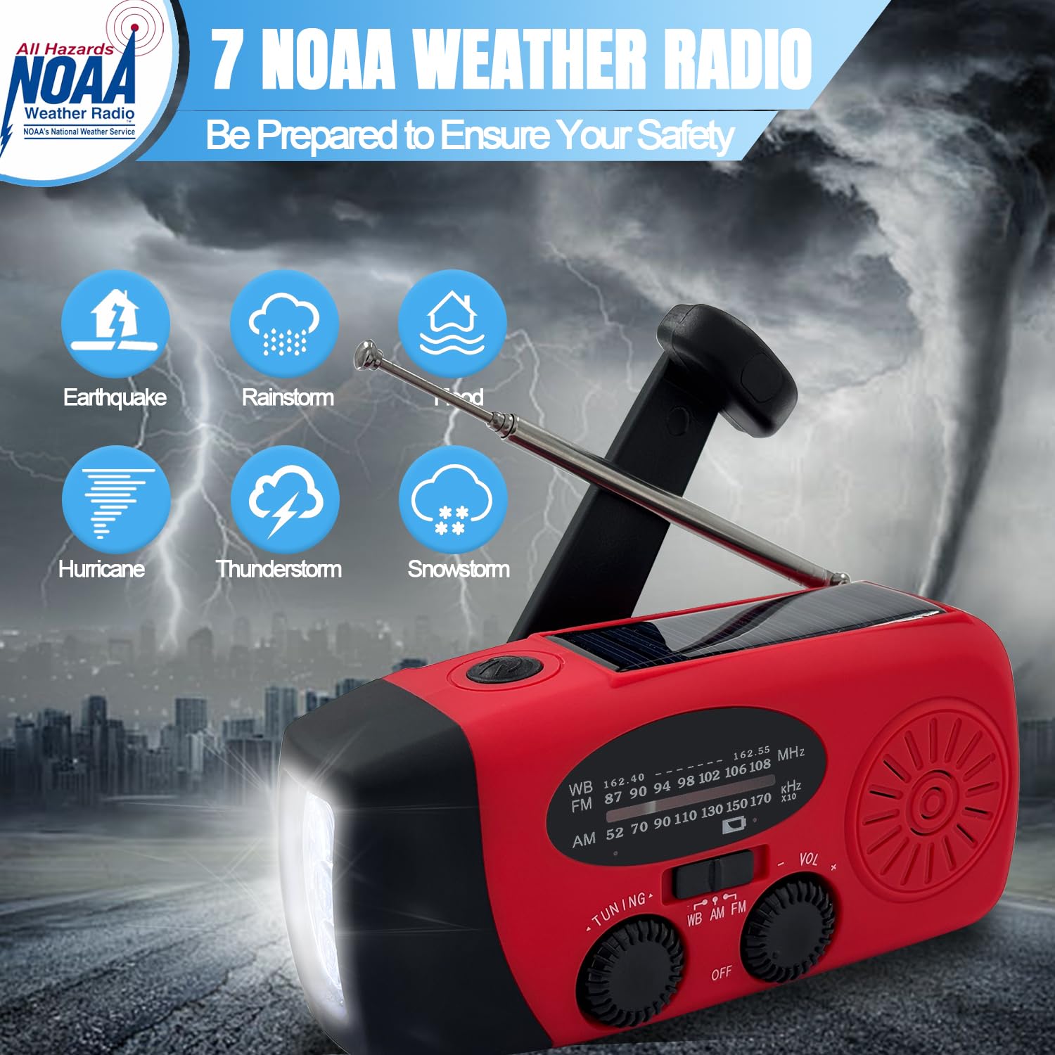 Radio Solaire Auto-alimentée 2000mAh AM/FM Portable d'Urgence à Manivelle Dynamo avec Lampe LED, Alarme SOS et Chargeur Téléphone