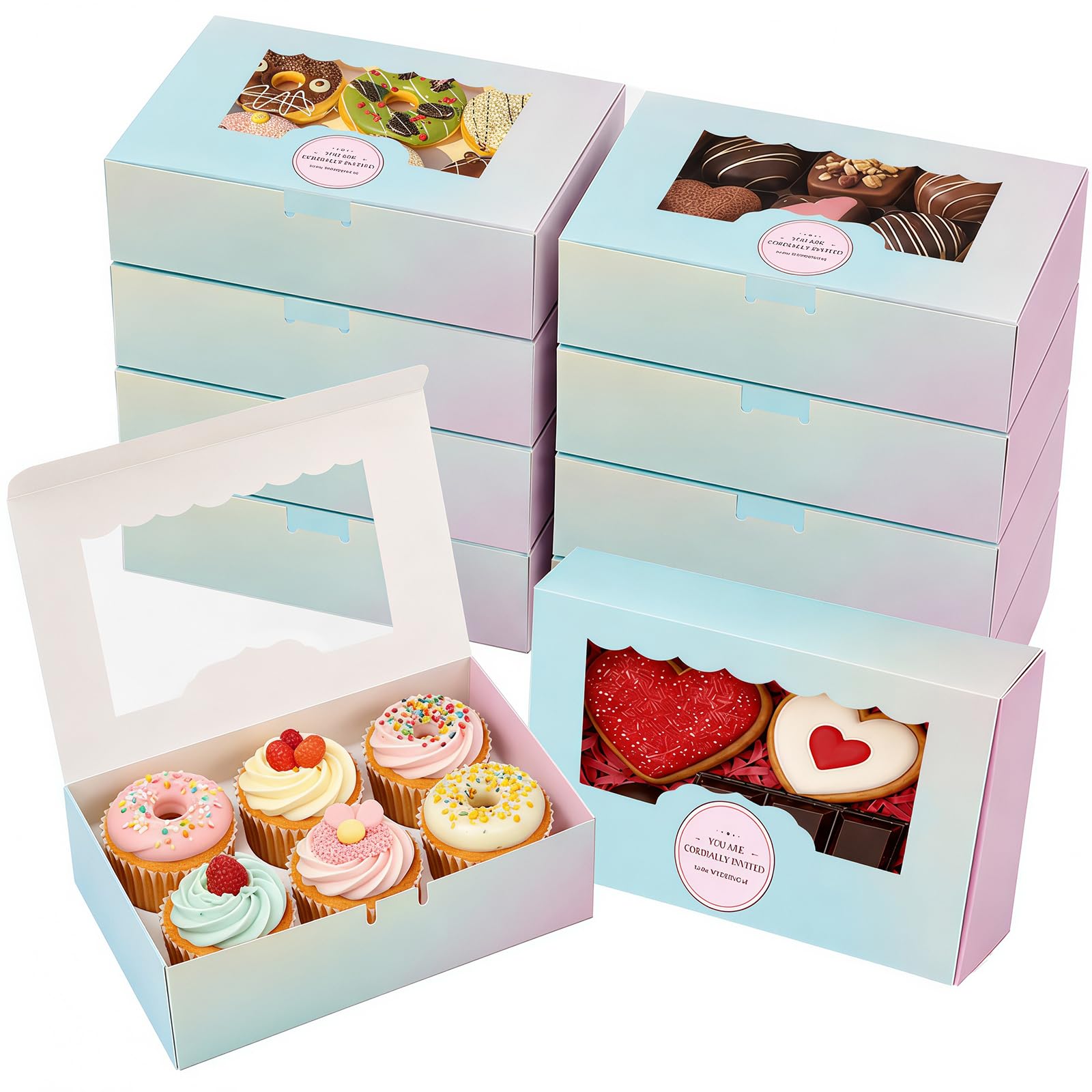 50 PCS Gradient Cookie Boxe 21.5 x 13.5 x 5 cm Cupcake Boxes with Windows, Bakery Cake Boxes, Pastry Macaron Bakery Box for Wedding Birthday Christmas Cupcakes Muffins Treats Bakery Boxes Gift Boxes