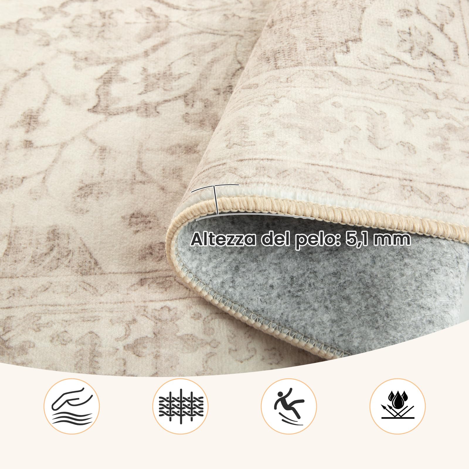 INOVADAY Vintage Tappeto 180x270 cm Tappeti Beige Chiaro | Tappeto Salotto, Tappeto Camera da letto, Lavabile in Lavatrice, Sala da pranzo, Cucina, Morbida, Slavata, Stampato, OEKO