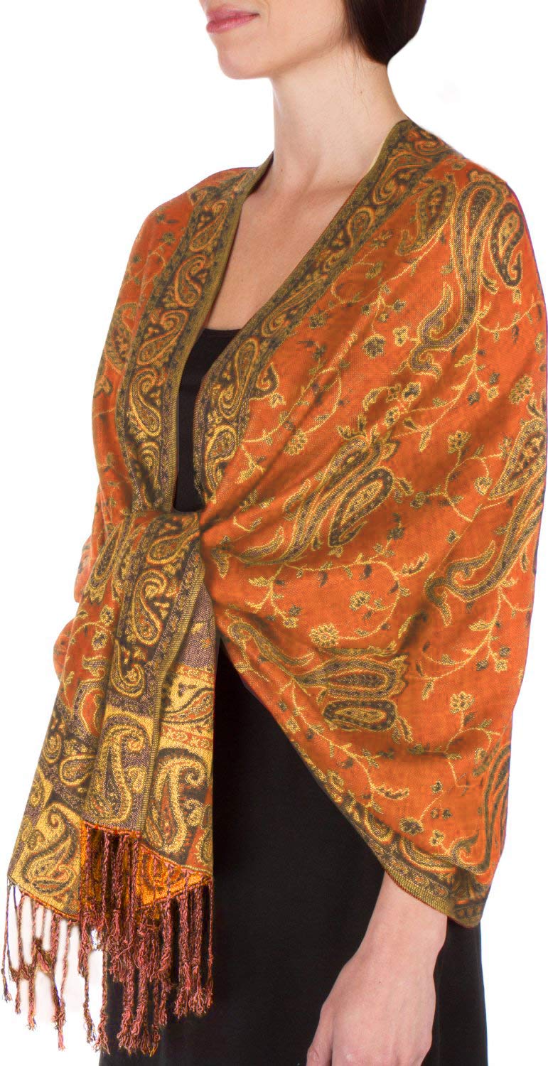 Sakkas Women's Orange Soft Silky Double Layer Jacquard Paisley Pashmina Shawl/Wrap/Scarf