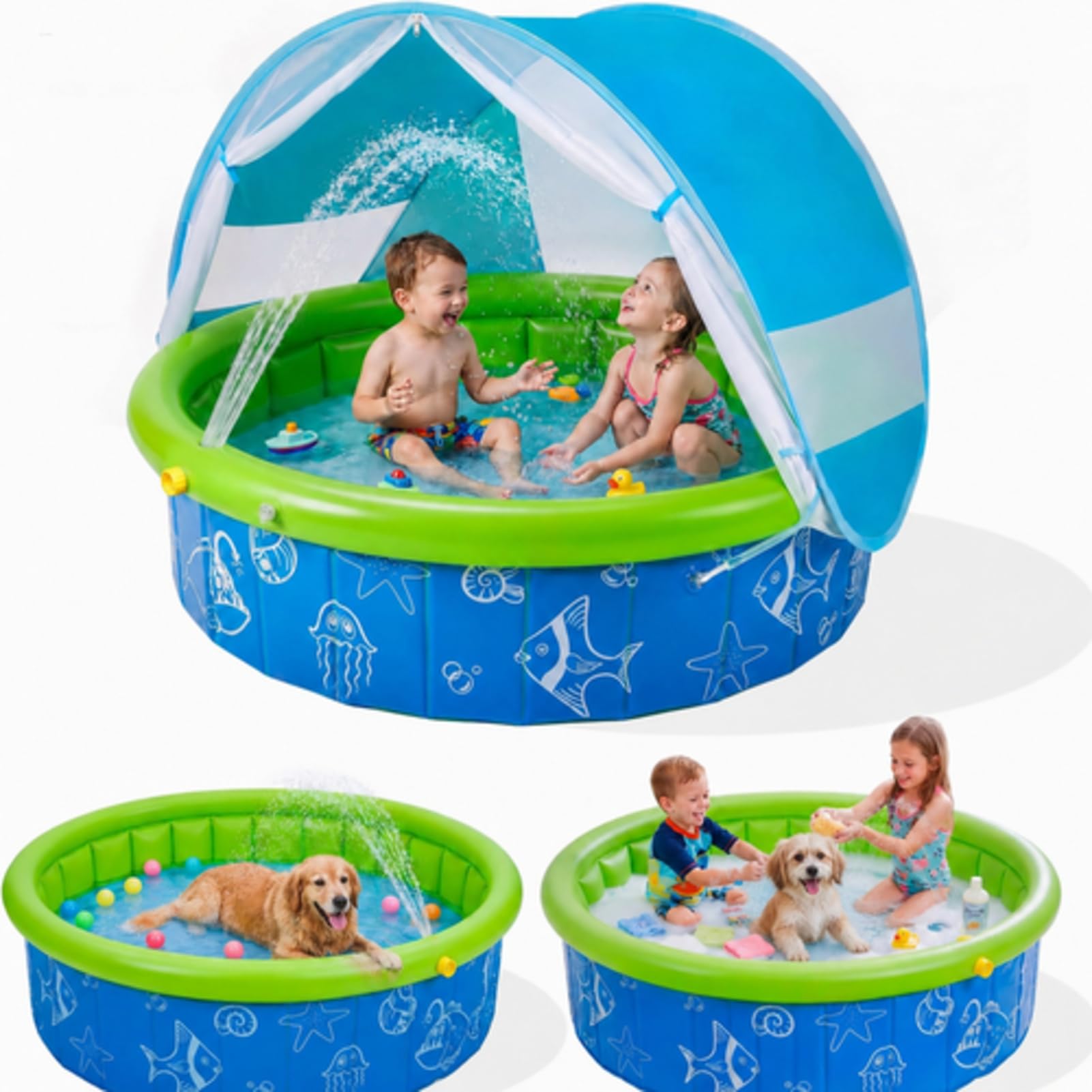Kinderpool Mit Sonnendach - Faltbares Planschbecken | UV Schutzdach | 100 X 100 X 30 Cm - Faltbar Mit Tragetasche | UV Schutz Und Sichtfenster | Für Garten Camping Park Und Reisen