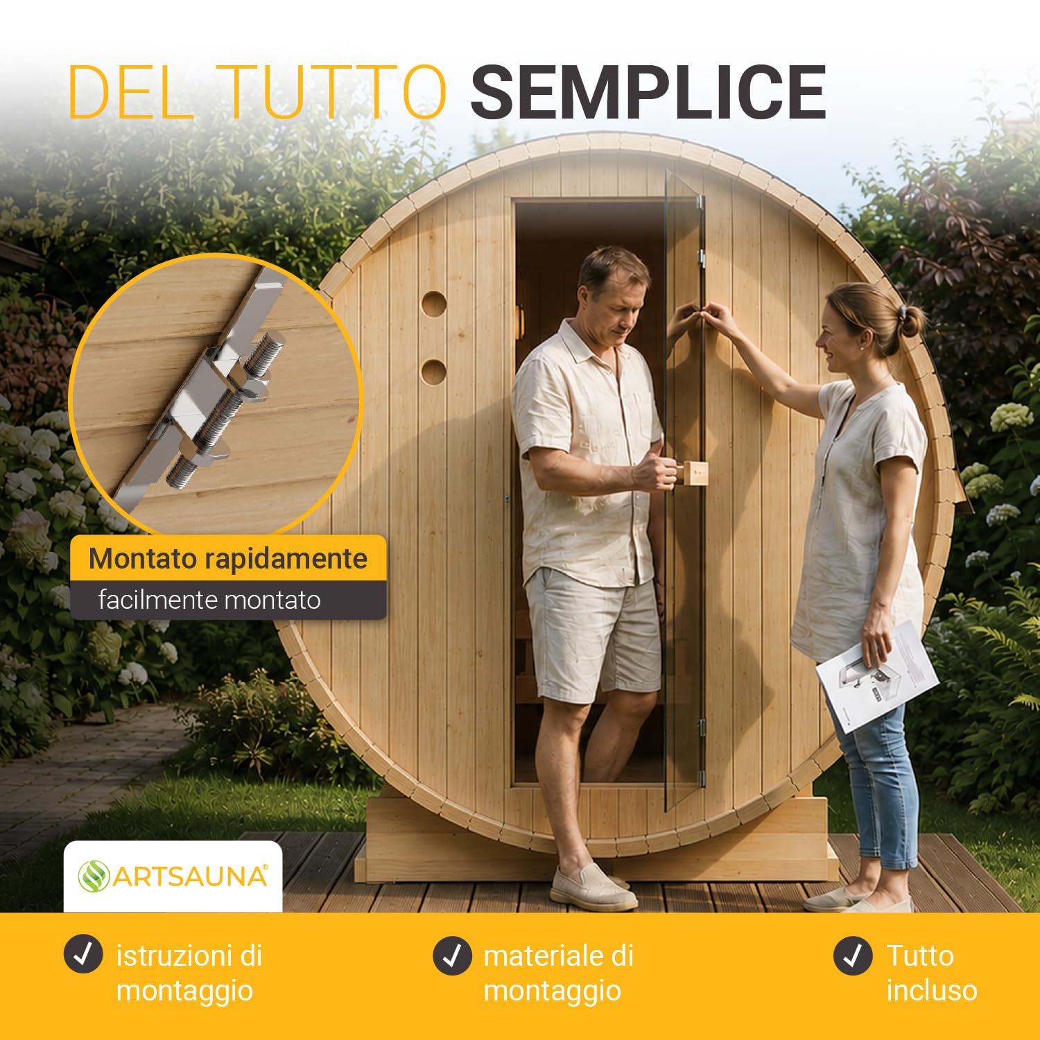 Artsauna Sauna a botte per esterni Spitzbergen 120 per 2 persone – stufa da 3,6 kW, pietre per sauna e accessori – botte per sauna in legno di abete – sauna esterna da giardino