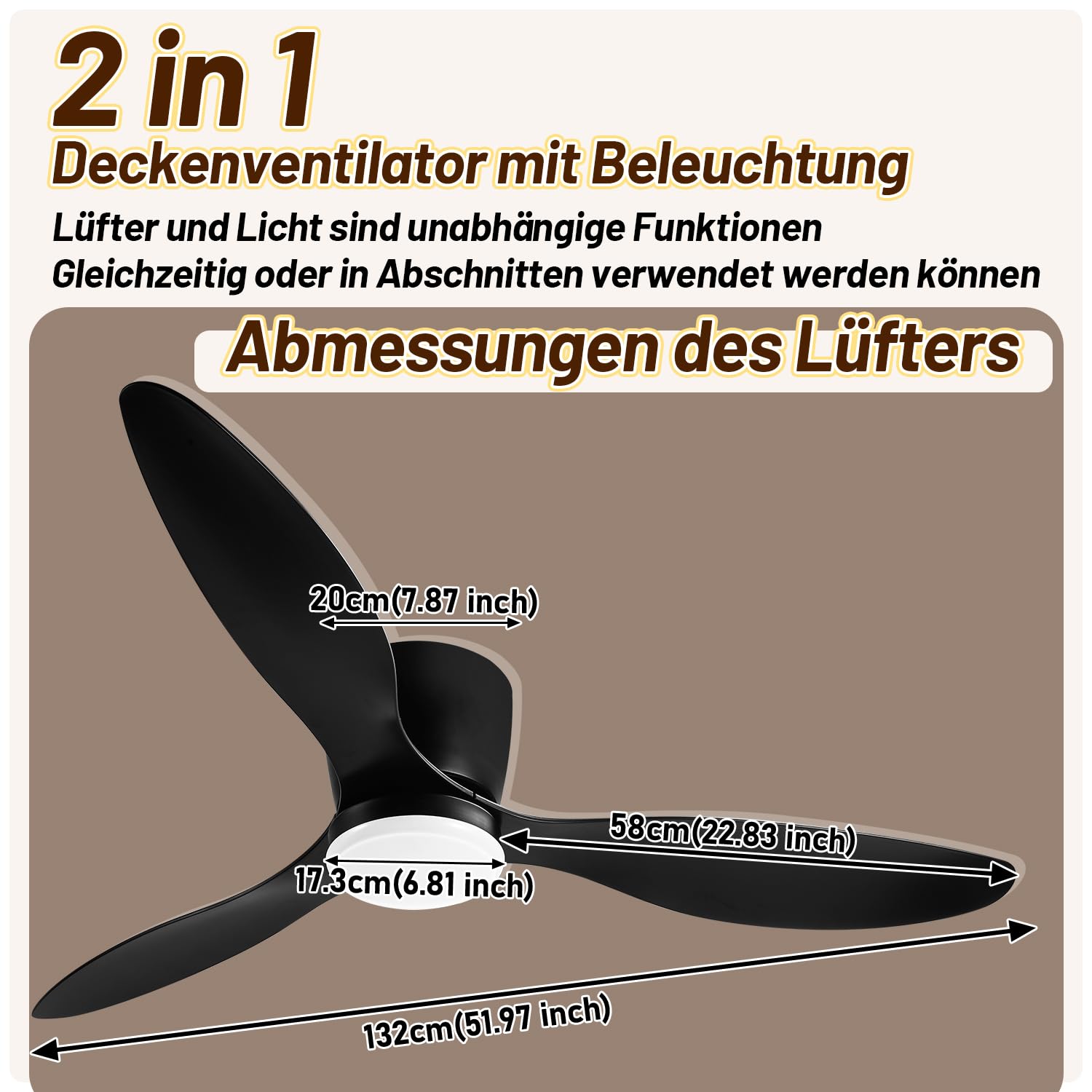 Lot de 2 ventilateurs de plafond avec éclairage, 132 cm, plafonnier avec télécommande et application, 6 vitesses, intensité variable, minuterie, fonction inverse, pour chambre à coucher,