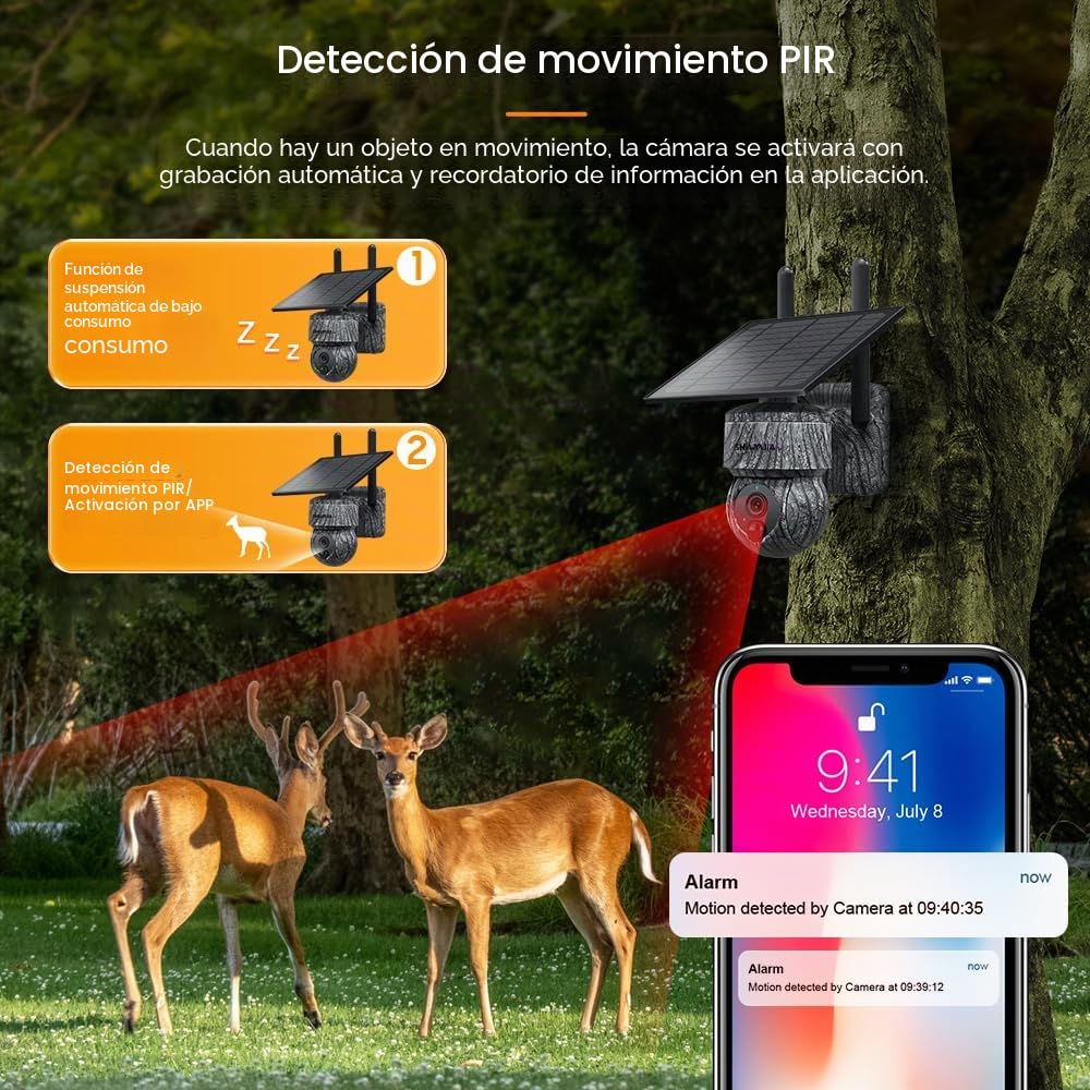 SHIWOJIA 4G LTE Cámara de Vigilancia Exterior Solar, 2K 360° PTZ Cámara de Seguridad Solar con Tarjeta SIM, Audio de 2 vías, Sensor de Movimiento PIR