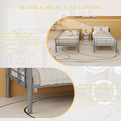 Miniatura 56 de GNIXUU Literas de tamaño individual sobre matrimonial, marco de literas bajas de metal resistente con barandilla de seguridad y escalera para