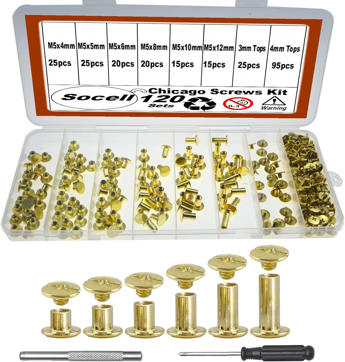 120Sets Chicago Screws Kit,Socell 6 Sizes Chicago Screws for Leather,Binding Screws Leather Rivet kit for Crafts, Clothing, Shoes, Belts, Bags, and Custom-Made Items(Silver, M5*4,5,6,8,10,12)