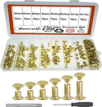 120Sets Chicago Screws Kit,Socell 6 Sizes Chicago Screws for Leather,Binding Screws Leather Rivet kit for Crafts, Clothing, Shoes, Belts, Bags, and Custom-Made ItemsGold, M5*4,5,6,8,10,12