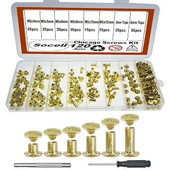 120Sets Chicago Screws Kit,Socell 6 Sizes Chicago Screws for Leather,Binding Screws Leather Rivet kit for Crafts, Clothing, Shoes, Belts, Bags, and Custom-Made ItemsGold, M5*4,5,6,8,10,12