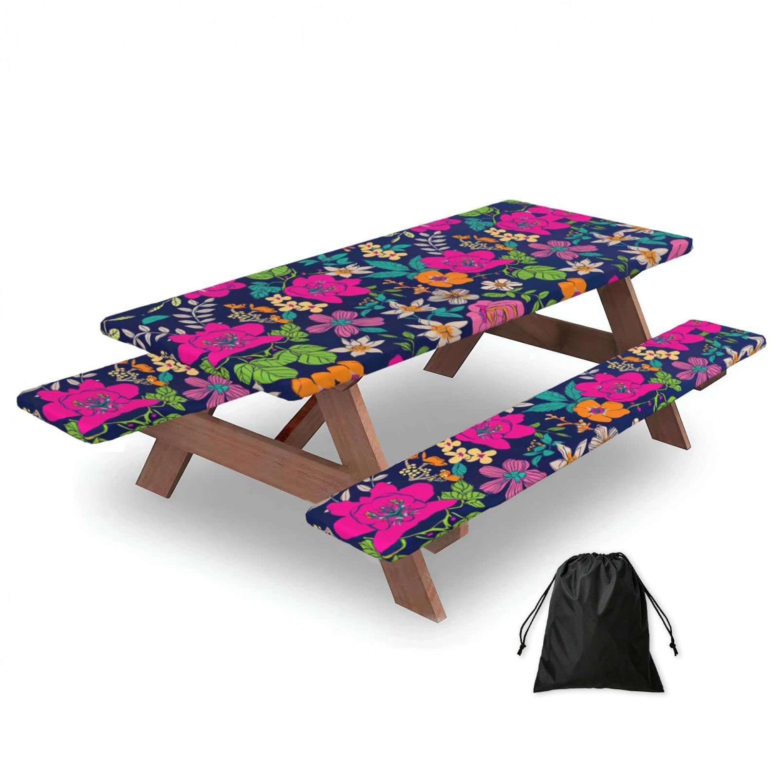 Duwaa Black Flowers Print 183Cm Picnic Table Cover With Bench Covers, Waterproof Elastic Tablecloth Set For Outdoor