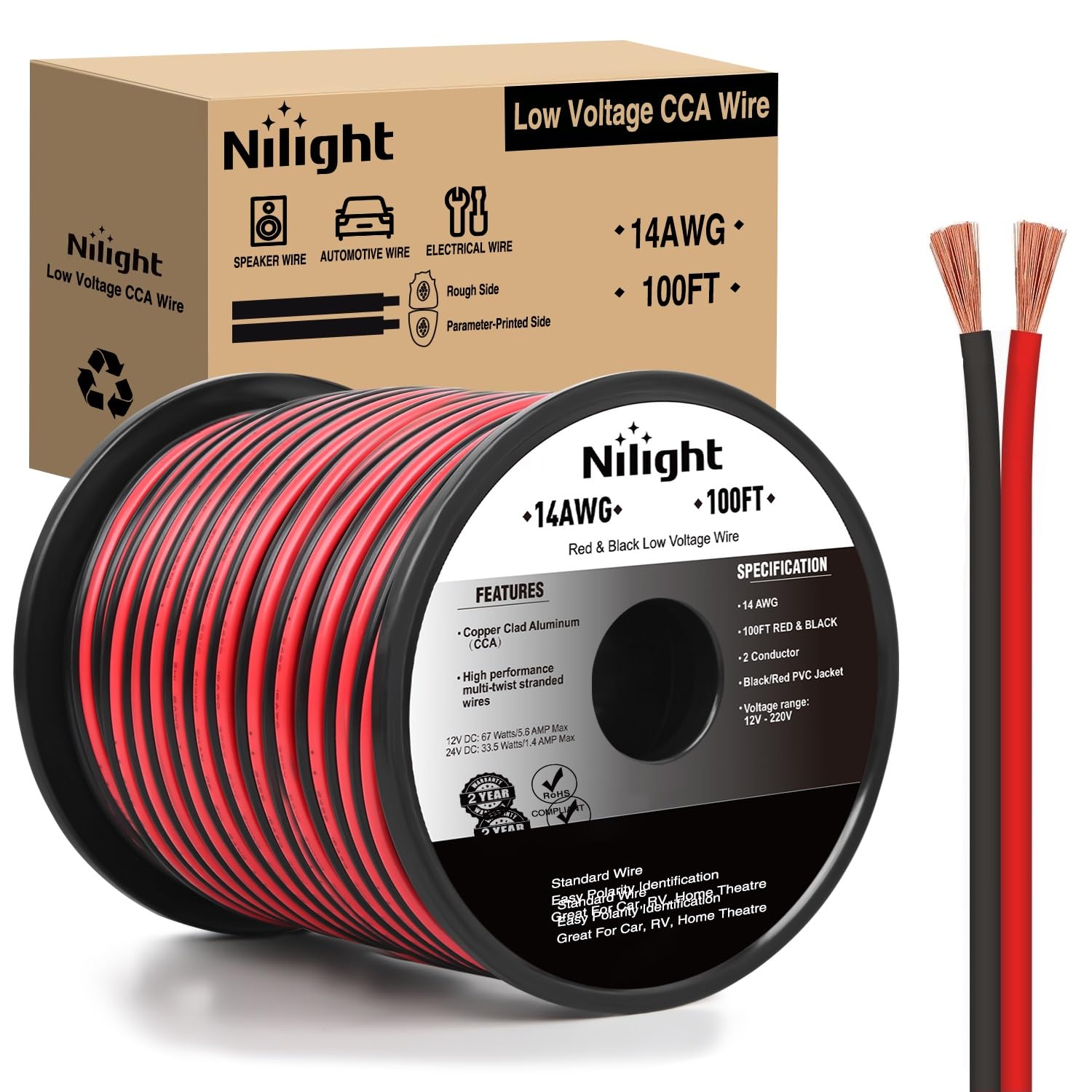Nilight 100FT 14AWG Copper Clad Aluminum Wire 14/2 Gauge Red Black CCA Electrical Cable 2 Conductor Parallel 12V/24V DC Flexible Extension Cords for Car Audio Radio Speaker Amplifier