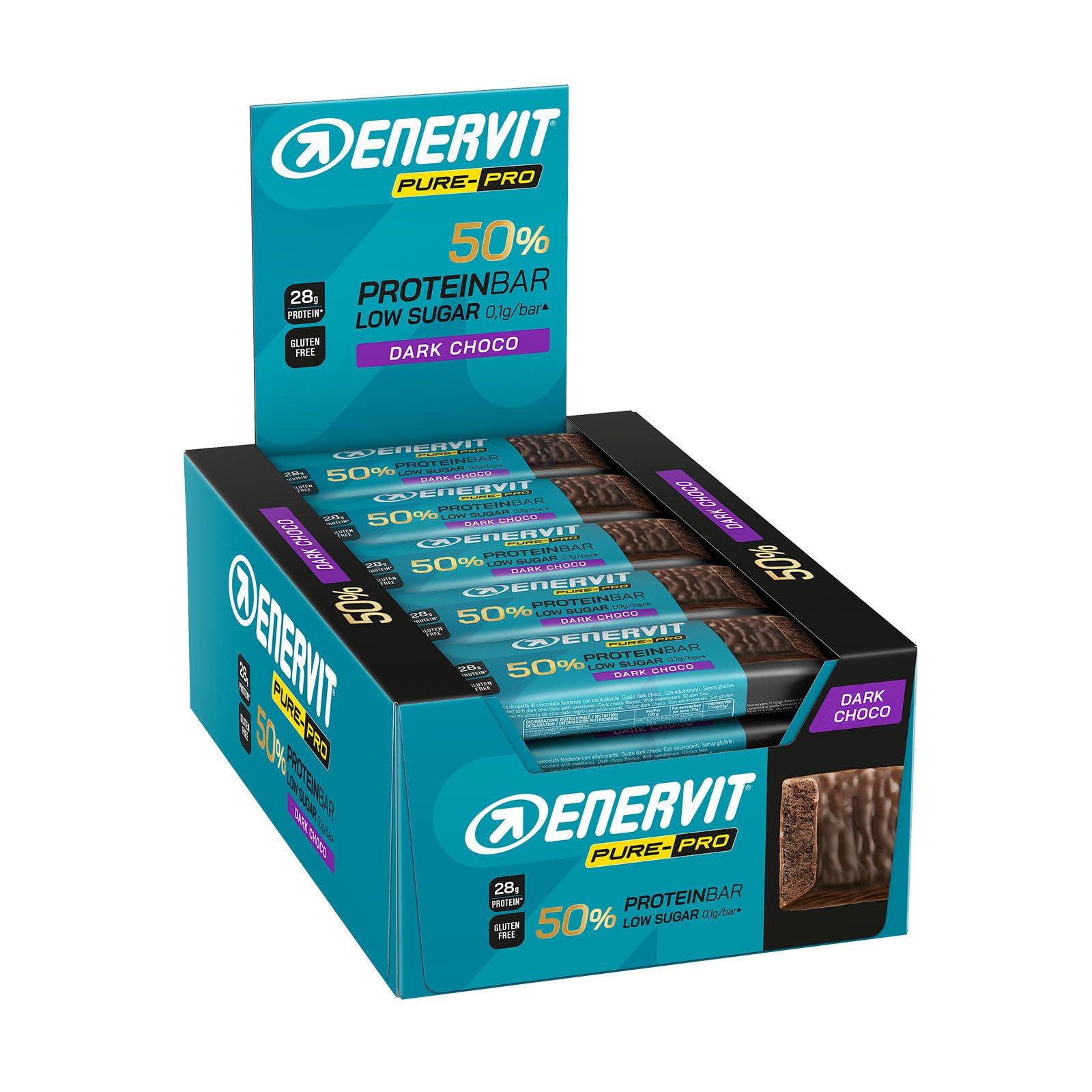 Enervit Pure-Pro Protein Bar 50% Dark Choco, Barrette Proteiche Senza Zucchero e Senza Glutine, Snack Proteici con 30g Proteine, Post Workout Intensi, Gusto Cioccolato Fondente, 25 Barrette da 55g