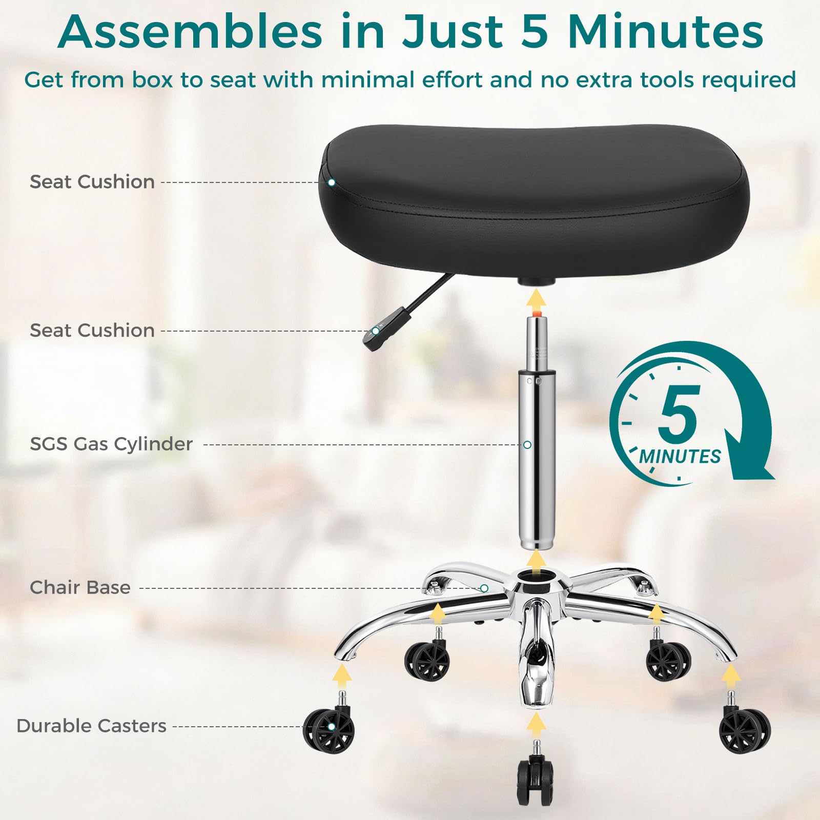 Black Rolling Stool with Wheels, 450 lb Heavy-Duty Adjustable Swivel Stool
