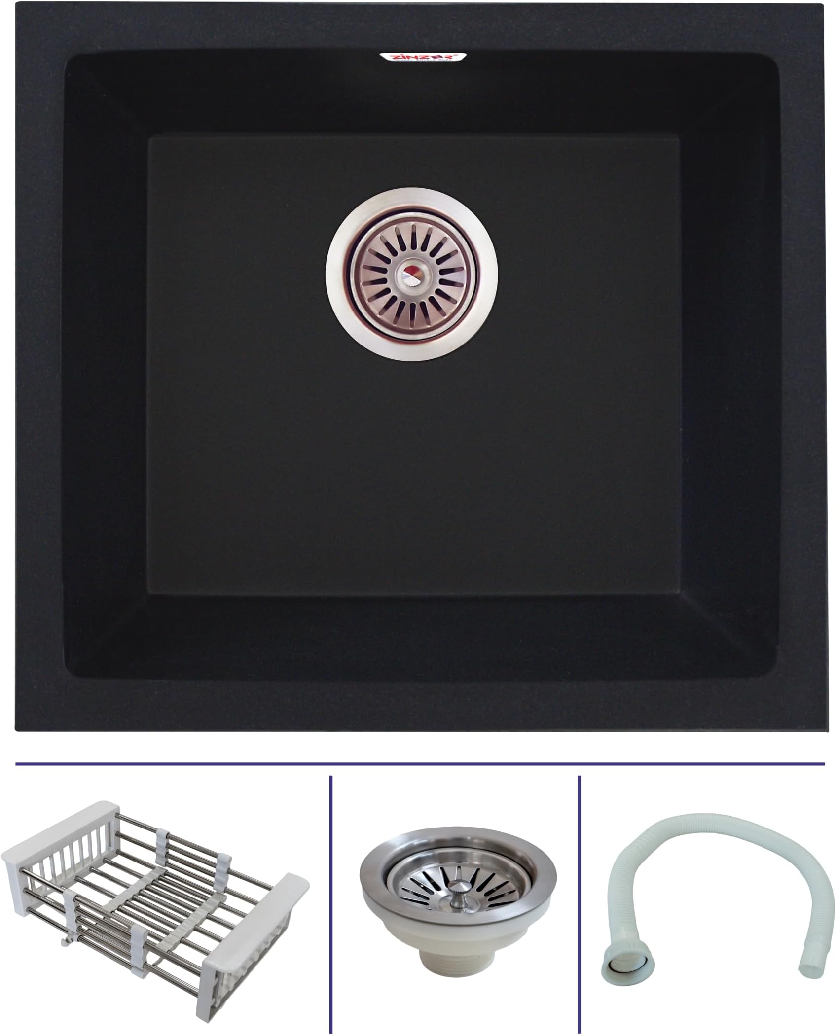 Quartz Sink for Kitchen in Metallic finish | German Engineerd Single Bowl Granite sinks | Kitchen Sink with Drain Coupling, Hose Pipe and Drainer Basket (Black - 18x16 Inches)
