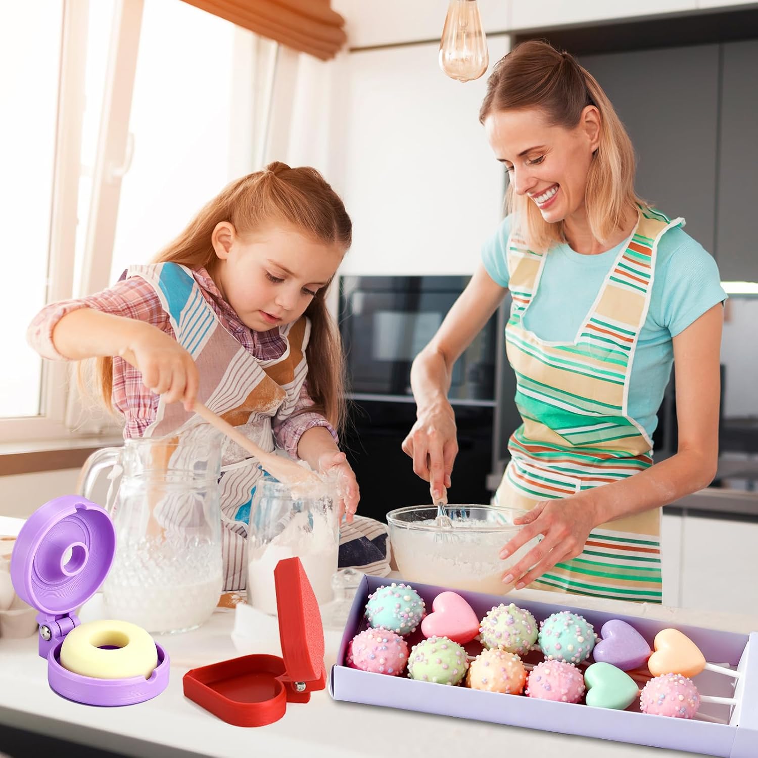 4 PCS Cake Pop Mold Press Set for Sphere, Heart & Ring Shapes - 3D Printed Cake Pop Maker with Cutter and Pusher Tool for Home Baking, Birthday Parties, Wedding Dessert