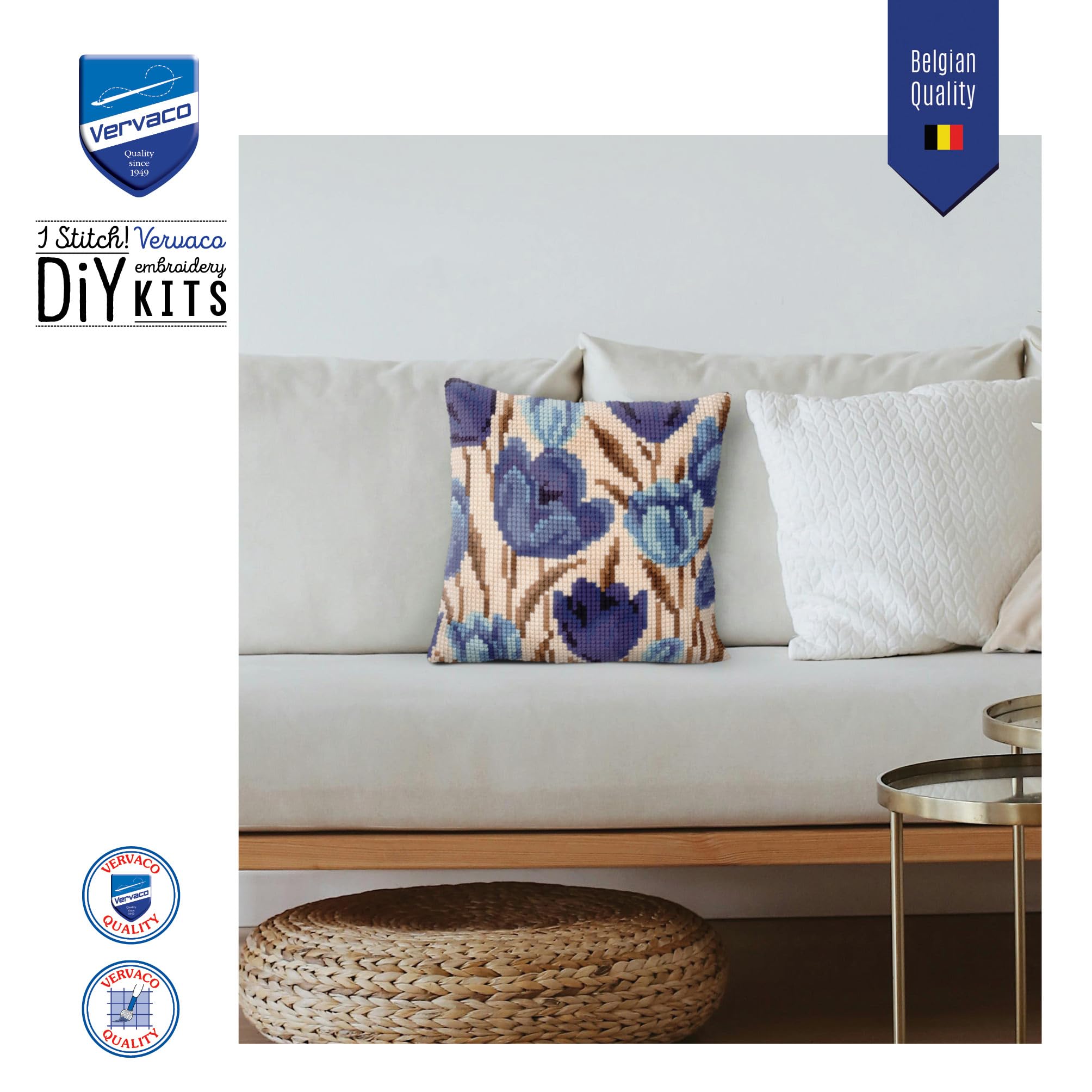 VERVACO Kit Cuscino Punto Croce Tulipani Blu Set Ricamo Principianti Cuscini Gobelin Decorativi ca. 40 x 40 cm Accessori per Lavoretti Creativi DIY Casa Decor Hobby Adulti Cross Stitch