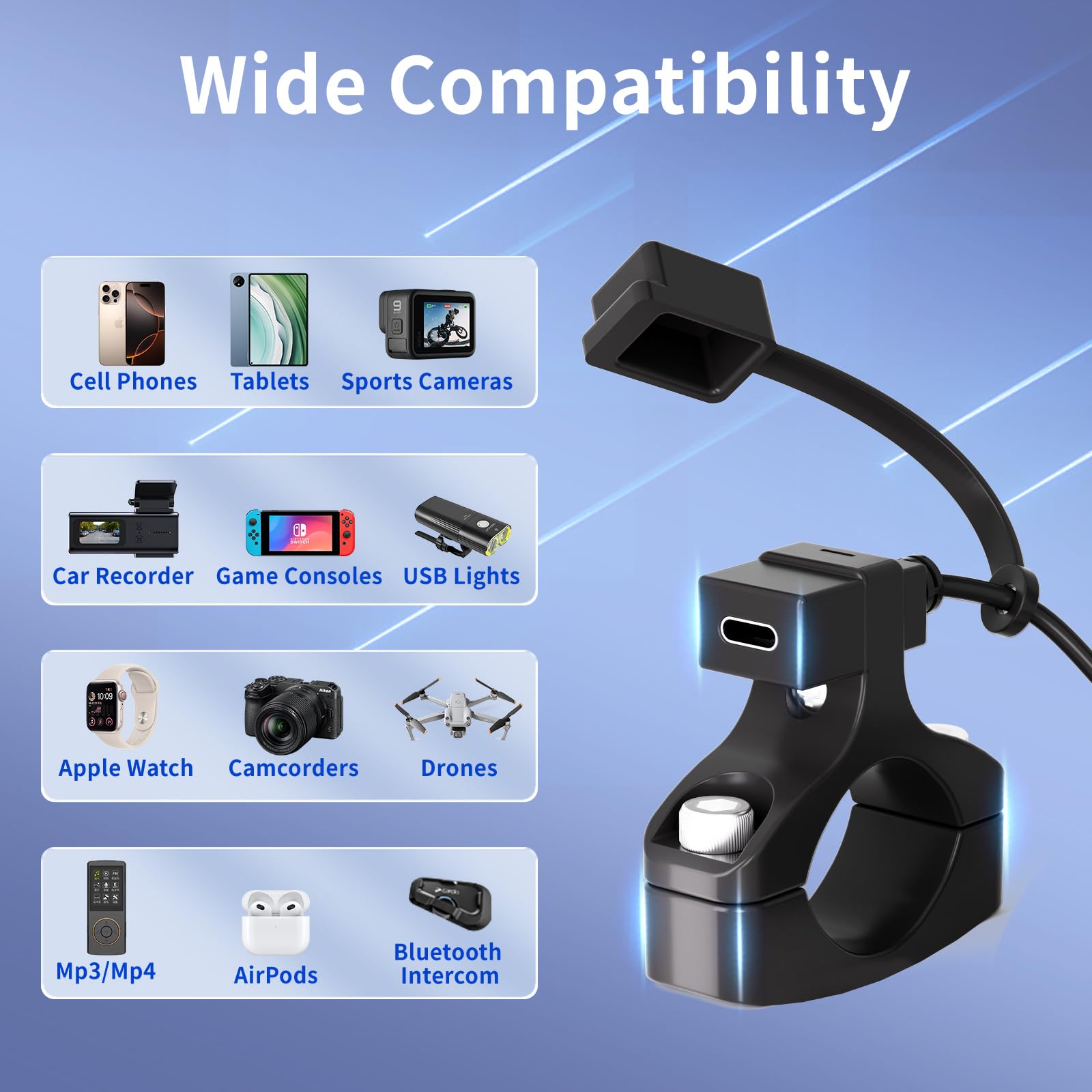 Cliff Top Caricatore USB impermeabile per moto, 18 W, PD USB-C, ricarica rapida, adattatore SAE a USB-C, porta USB con supporto per manubrio da 22 a 32 mm, per moto, scooter, ATV, dispositivi