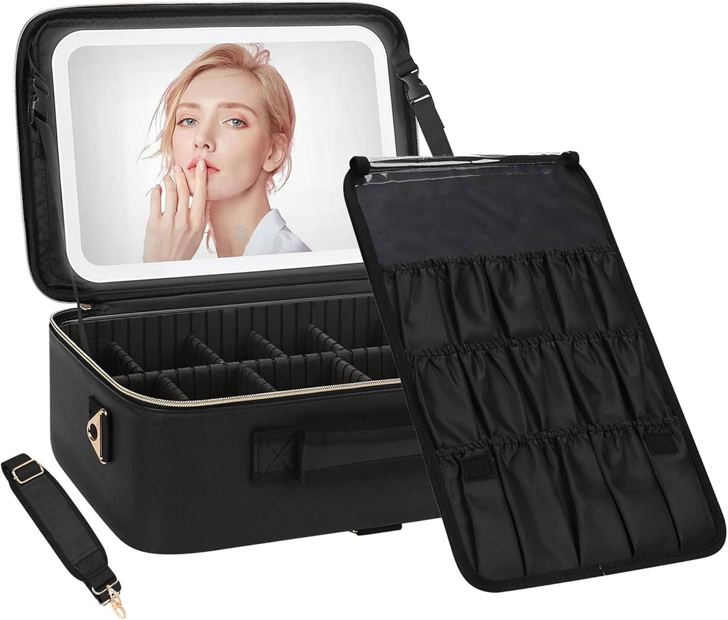 Chomeiu Makeup Bag with LED Mirror, Large Train Case for Makeup Artists, 16.2 inches Travel Professional Cosmetic Organizer with Light Up Mirror, 3 Color Lights, Brush Holder & Shoulder Strap (Black) large b black