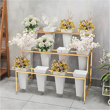 Flower Display Stand With 12PCS Buckets, 3 Layers Metal Plant Stand with Wheels, Heavy Duty Moving Plant Cart Shelf, for Indoor, Outdoor Patio Garden, Living Room, Florist White - Square Bucket