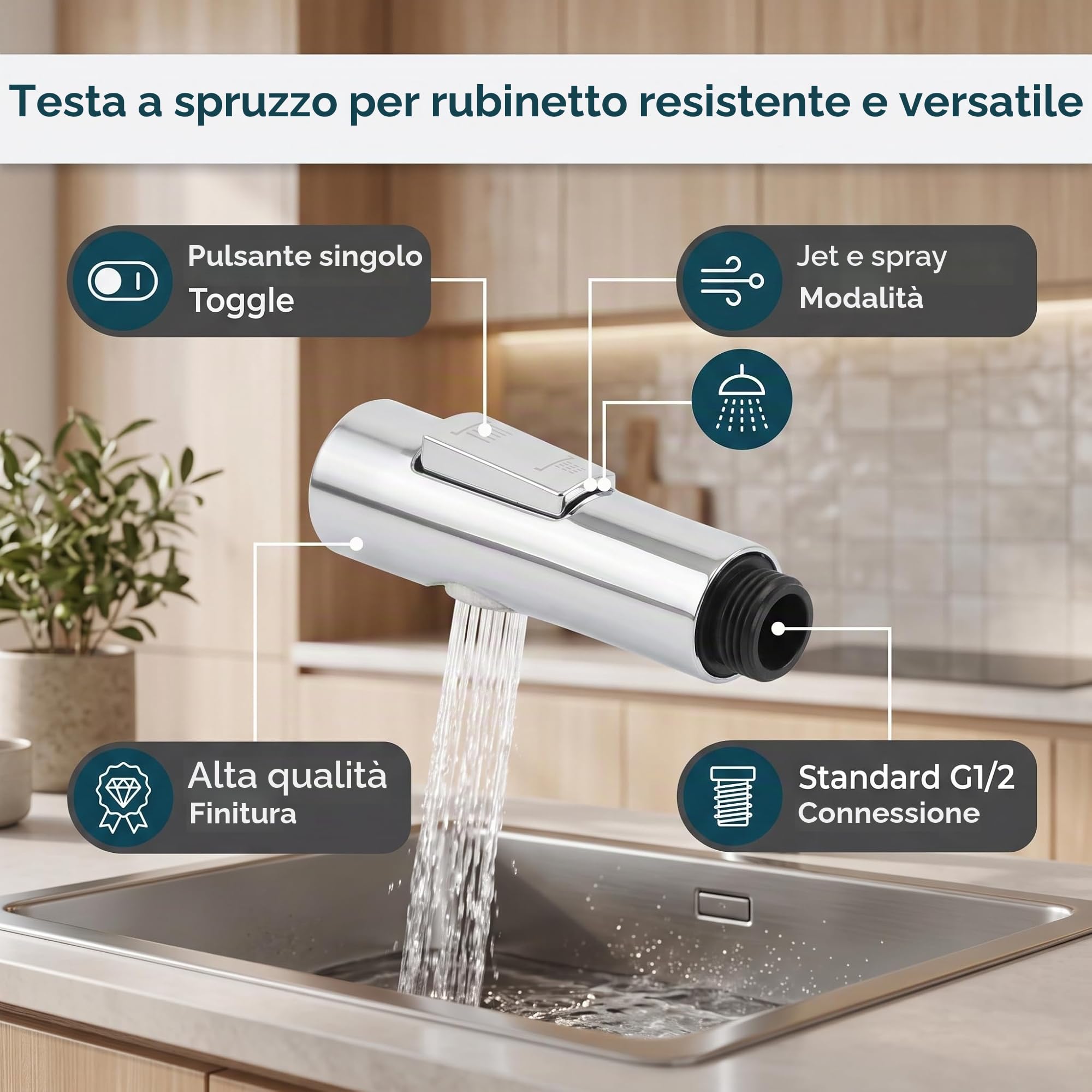 Spruzzatore per Rubinetto Estraibile, Testa Sostitutiva per Rubinetteria con Getto a Spruzzo, Ricambio Doccetta Universale, Facile da Installare, Compatibile con Rubinetti Standard