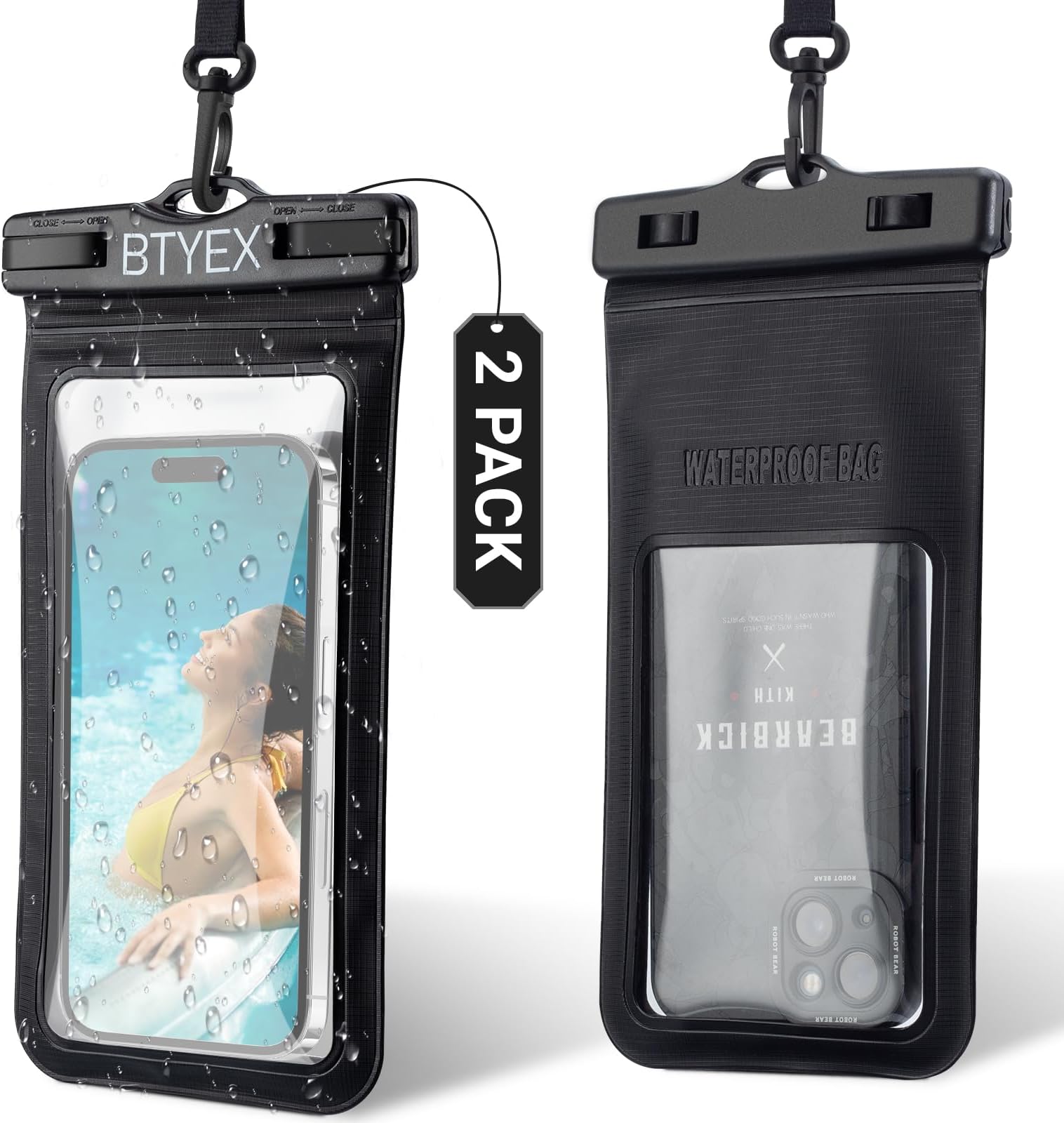 BTYEX Universal Waterproof Phone Pouch Cellphone Dry Bag Case with Lanyard for iPhone 15 14 13 12 Pro Max Xs Max XR X 8 7 6S Plus SE, Galaxy S22 S21 S20, HUAWEI P50 up to 7.0’’ - 2 Pack