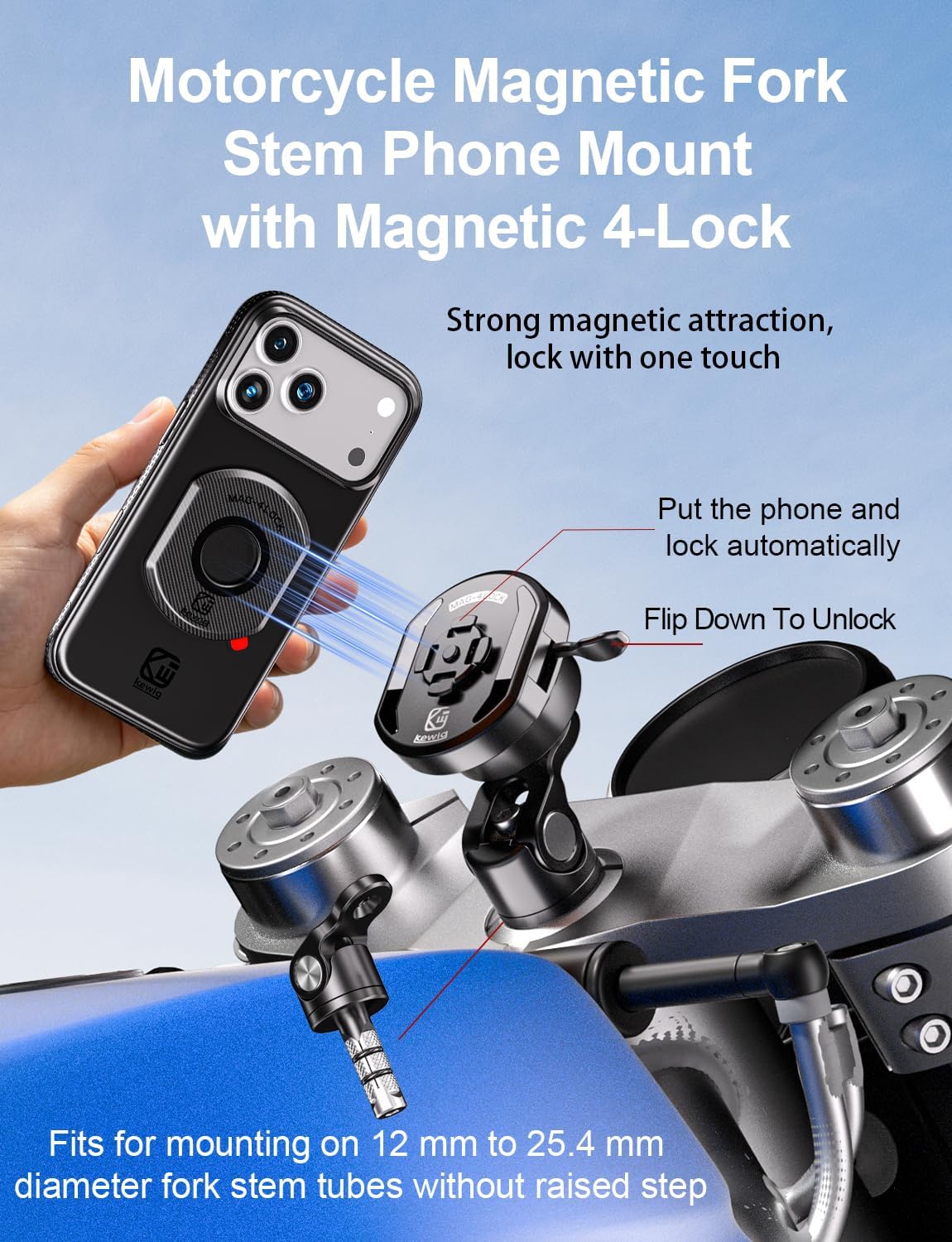 Kewig Motorcycle Fork Stem Phone Mount Holder with Magnetic 4-Lock‌