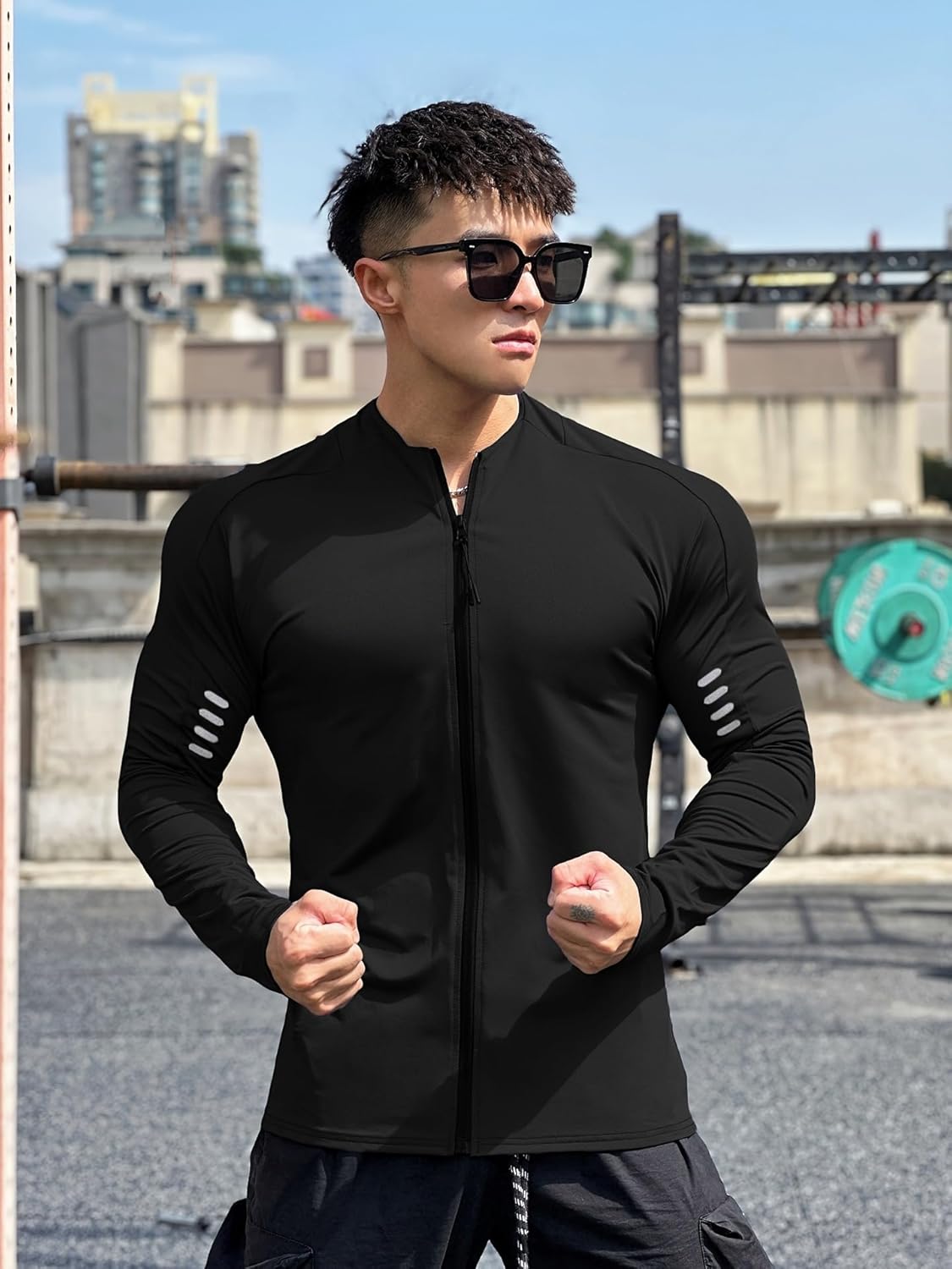 Men’s Performance Full Zip Sweatshirt, Quick Dry Long Sleeve Athletic Top with Reflective Strips, Black