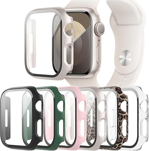Pack de 6 fundas compatibles con Apple Watch Serie 9 8 7 de 41 mm con protector de pantalla de vidrio templado, QCKANLJ cubierta protectora