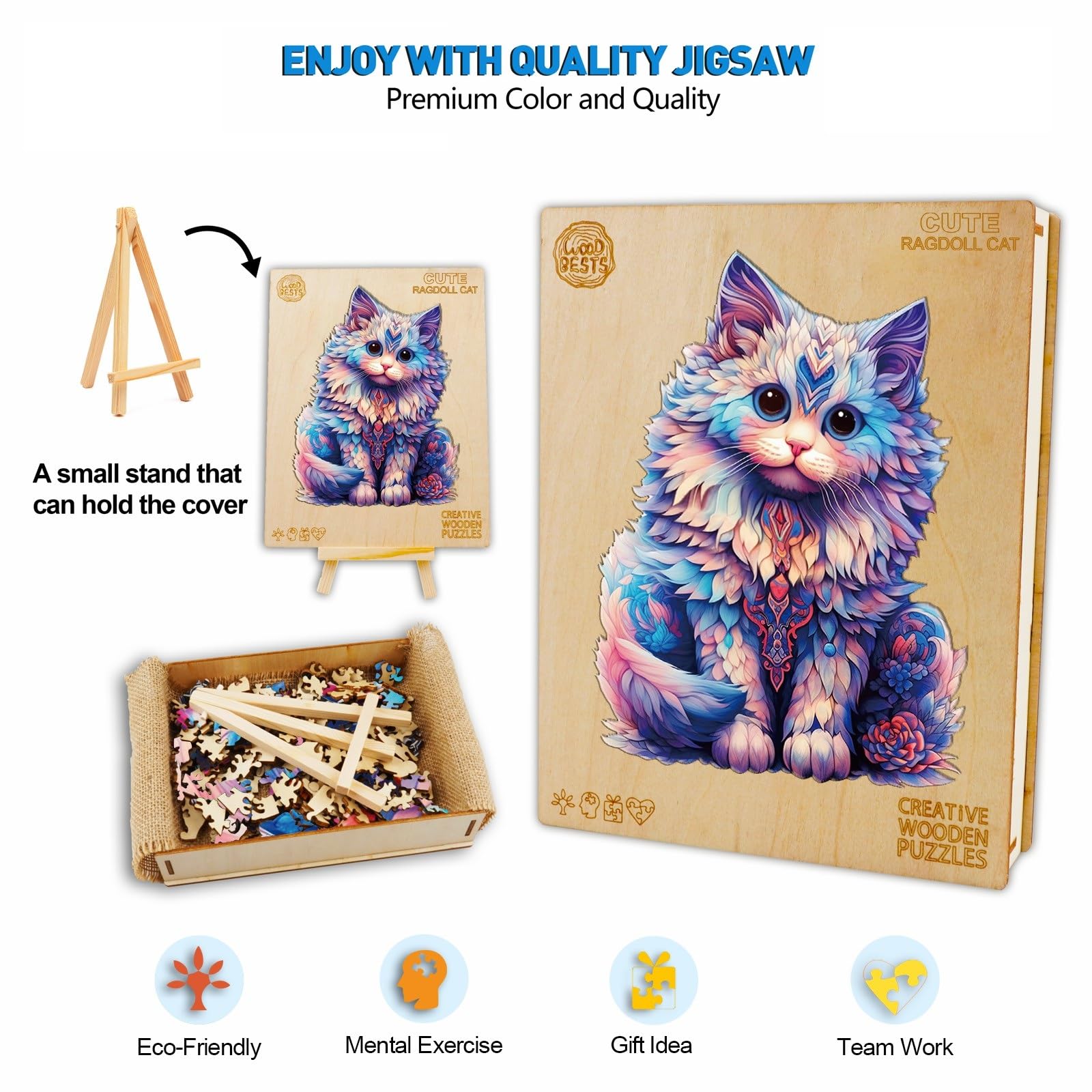 Puzzle In Legno 150 Pezzi Per Adulti - Forma Gatto Con Pezzi Animali - 30x30 Cm, Forme Irregolari - Gioco Da Tavolo Relax In Scatola Regalo - 6