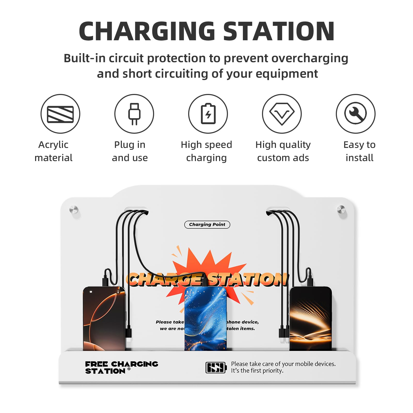 Estación de carga de pared de 8 puertos con cables universales, base de carga rápida para iPhone, Android y dispositivos tipo C, perfecta para oficina, aeropuerto, hotel y escuela (blanco)
