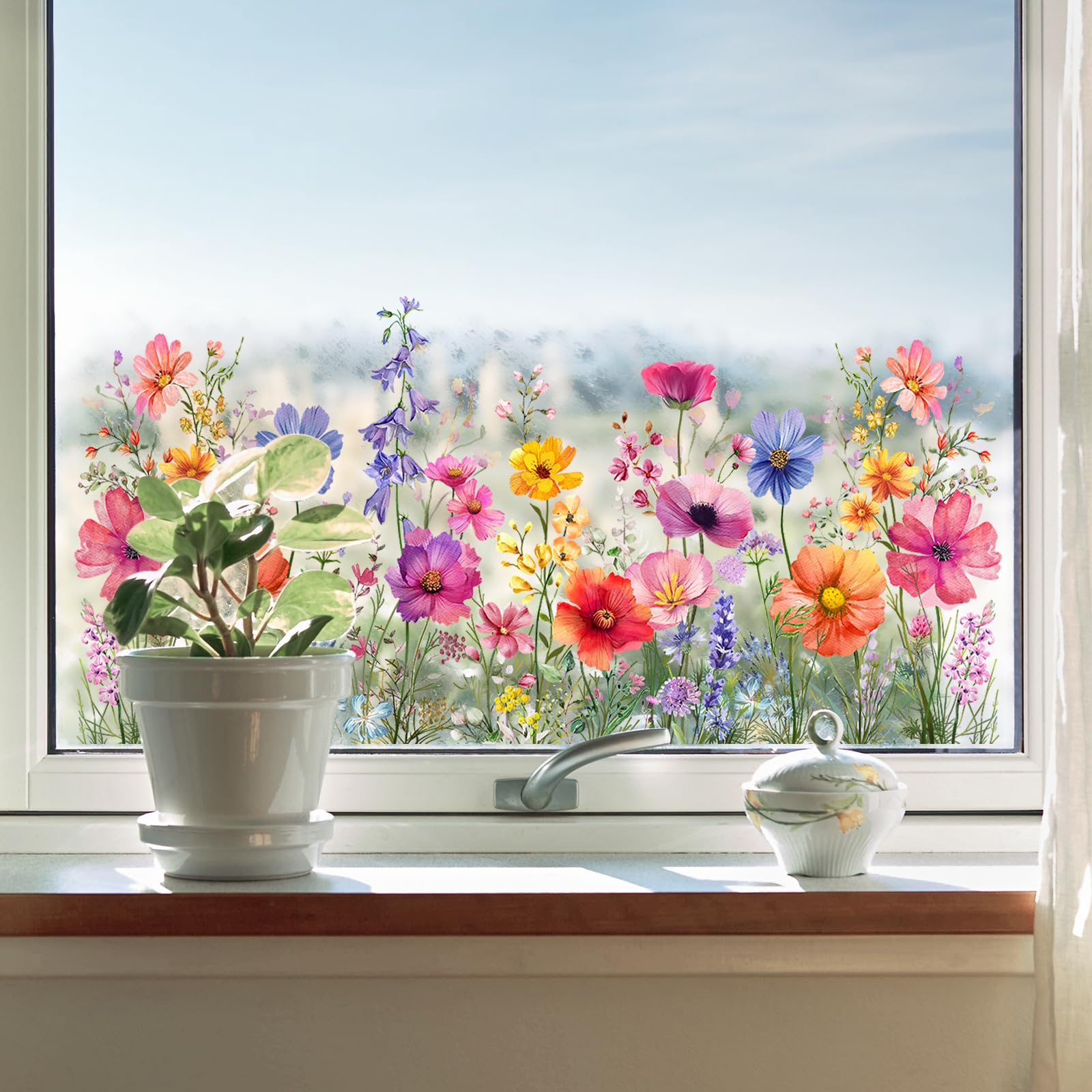 Tanlaby Fleurs Colorées Autocollants Fenetre Printemps Fleurs Stickers Fenetre Anti-Collision Réutilisables Statiques Double Face pour Chambre à Coucher Maison Le Salon et Les Portes Fenêtres