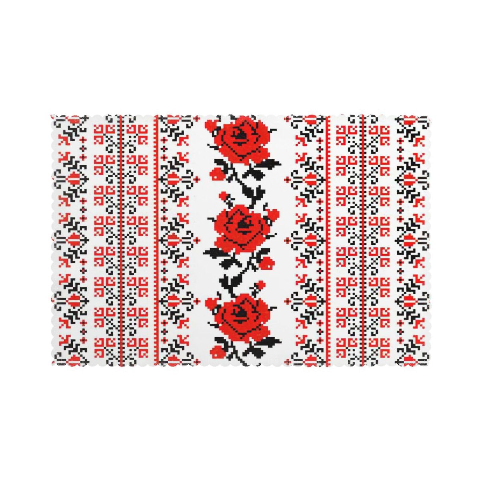 Ukrainian Embroidery Style Rose Print Placemats for Dining Table Set of 6 12x18 Inch Table Mats for Party Kitchen Dining.