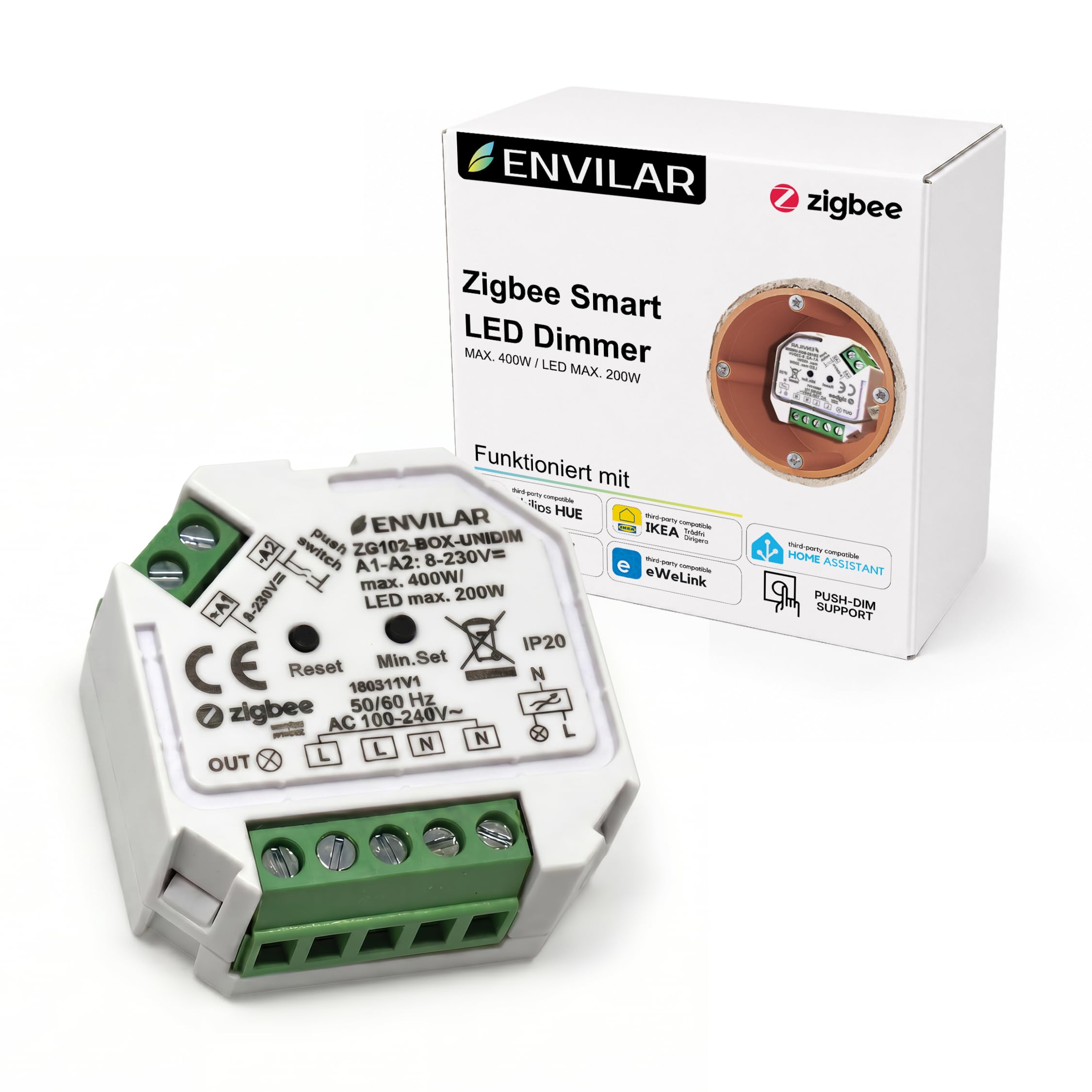Zigbee 3.0 LED Dimmer 230V Unterputz – Smart Home Dimmer Schalter kompatibel mit Philips Hue, IKEA & Homey – Dimmaktor für Taster (0-200W) – Kompakter Zigbee Schalter (1)