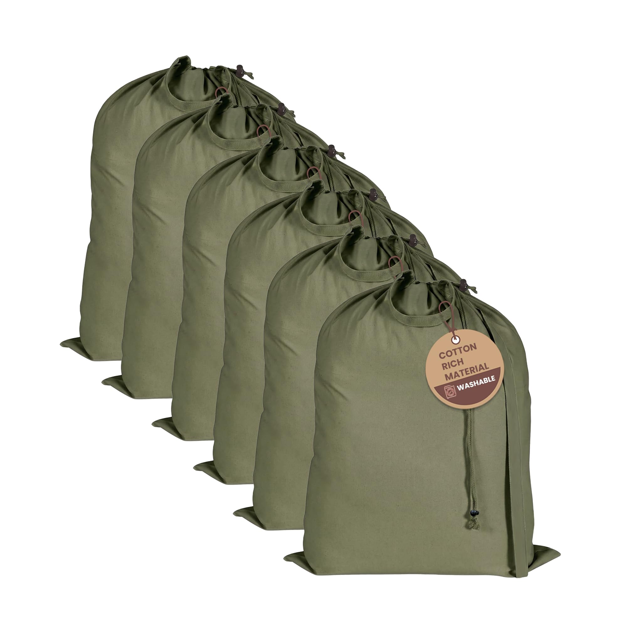 LFH Home Large Premium Cotton Rich Canvas Laundry Bag with Drawstring and Handles Heavy Duty, Multi-Use, and Washable for Home, Travel, College or Storage 24x36 (Pack of 6)-Military Green